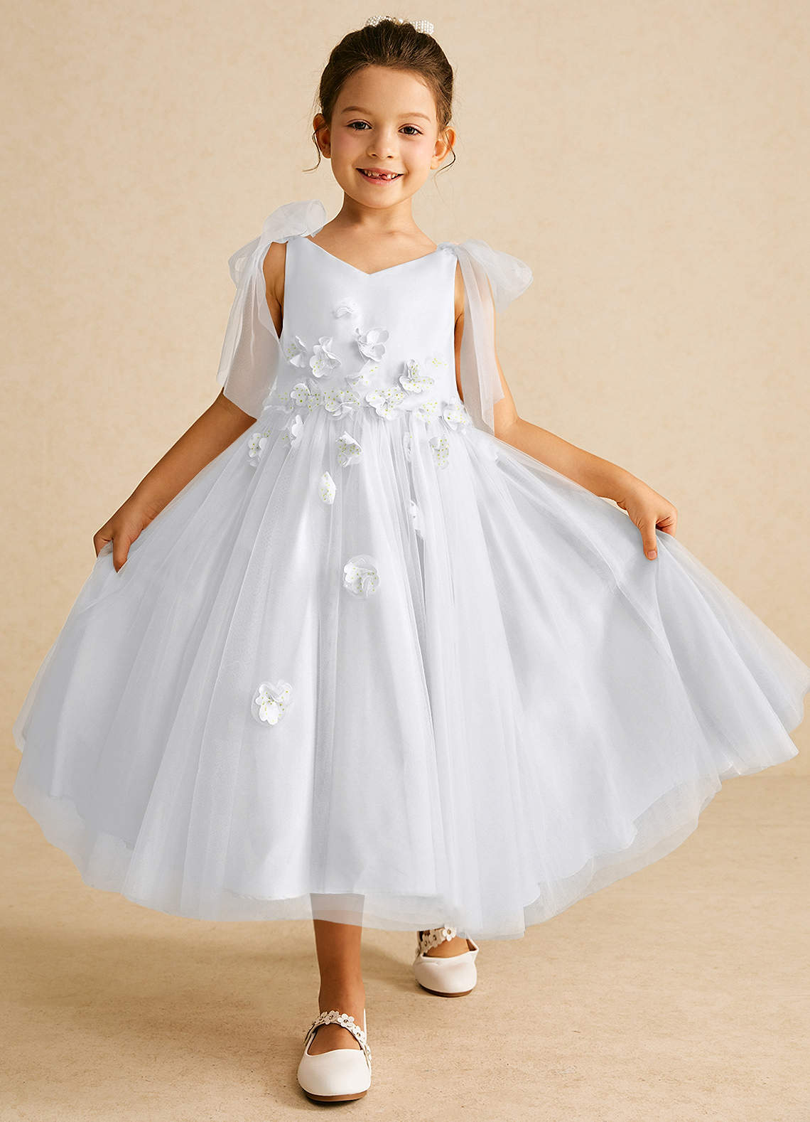 Azazie Minia Flower Girl Dresses White A-Line Bow Matte Satin Dress image1