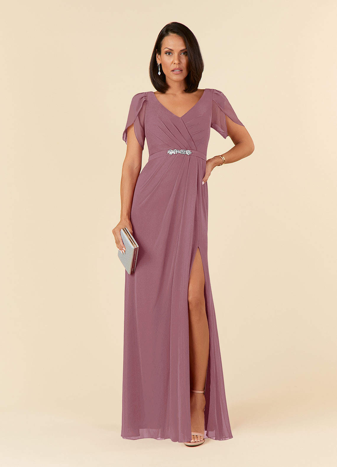 Azazie Marianne Mother of the Bride Dresses Vintage Mauve Sheath V-Neck Pleated Chiffon Dress image1