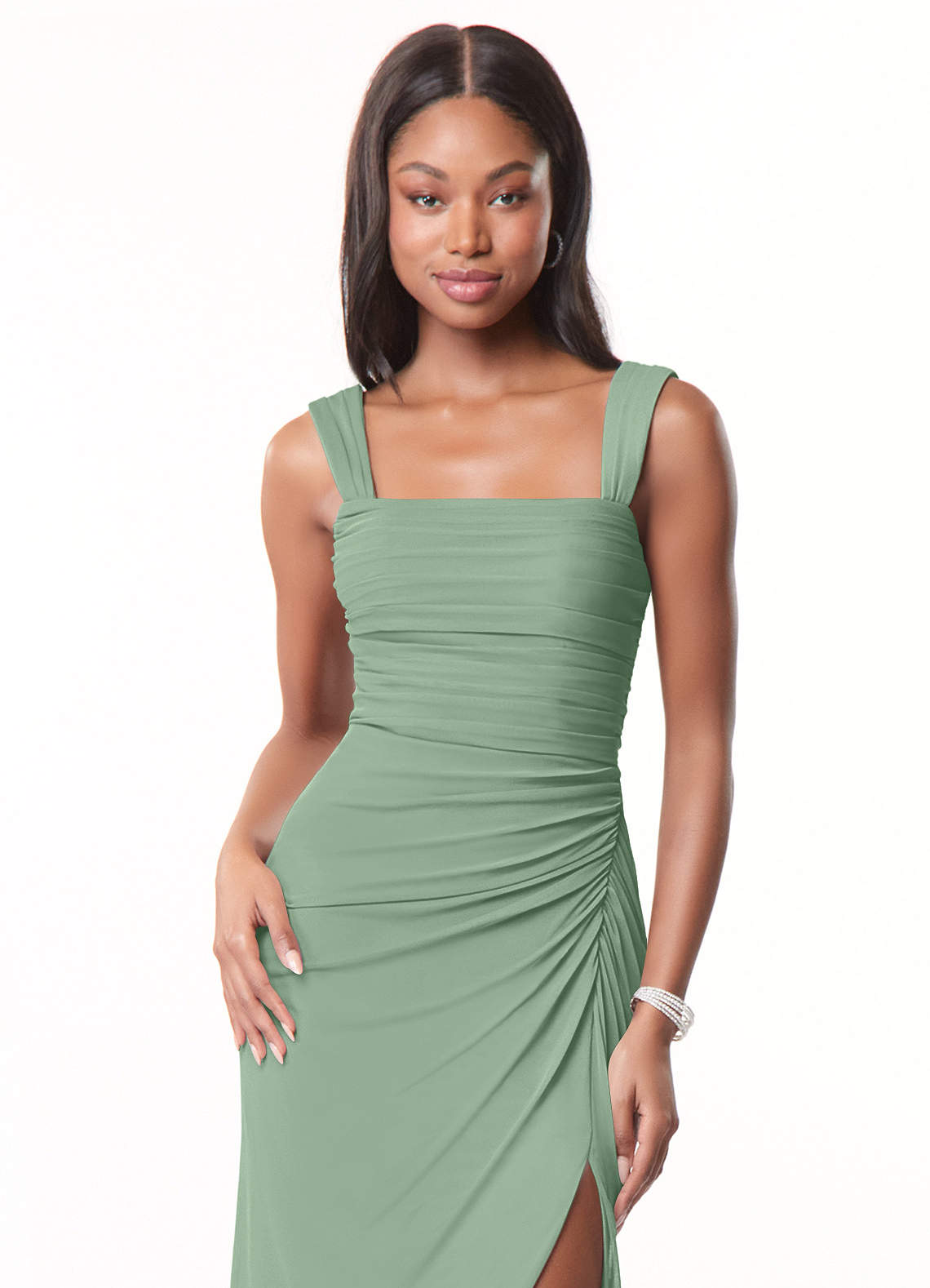 Azazie Jesaphine Bridesmaid Dresses Matcha Sheath Ruched Mesh Dress image1