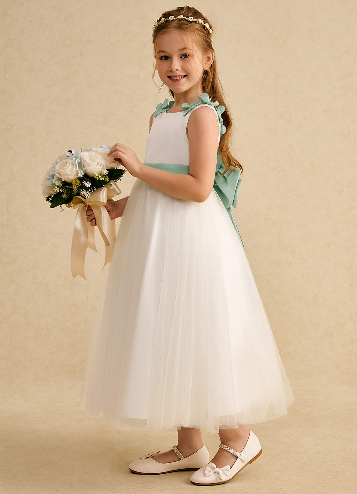 Azazie Lilli Robe Demoiselle D'honneur Fillette Robe Trapèze en Tulle Arc Ivoire Agave image2