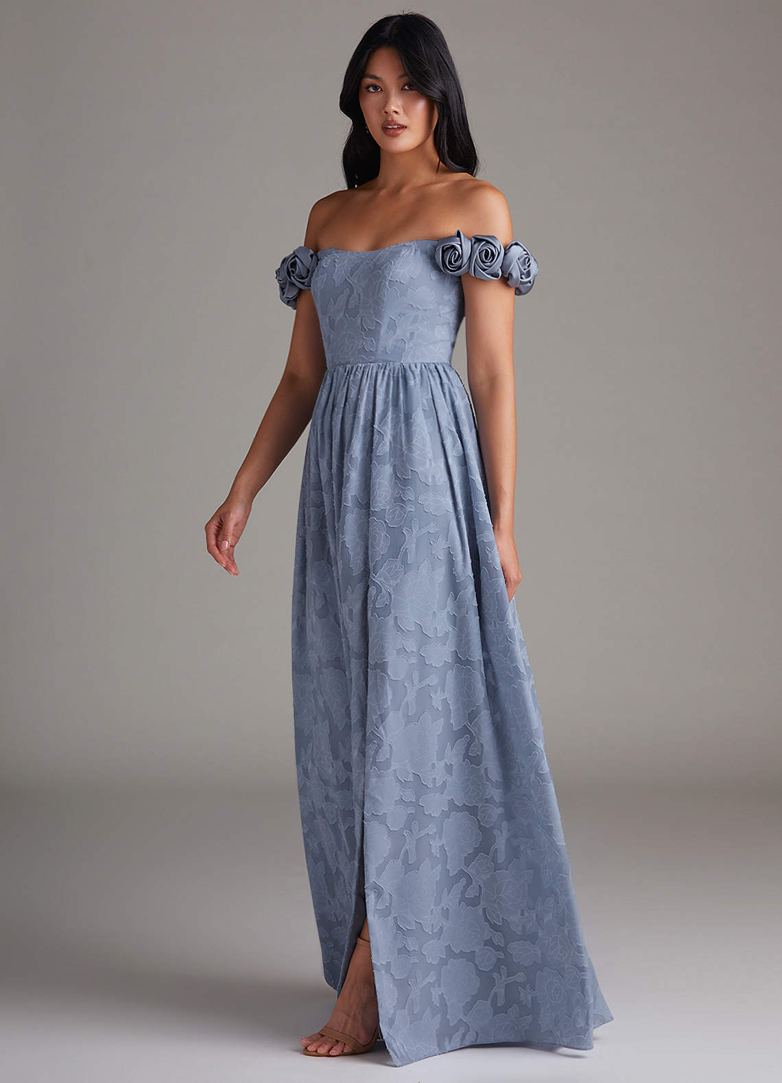 Azazie Autumn Bridesmaid Dresses Dusty Blue A-Line Off the Shoulder Floral Burnout Convertible Dress image3