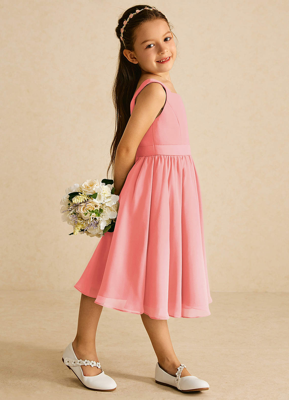 coral chiffon tea length dress Azazie Ari Coral A-Line Sleeveless Chiffon Dress