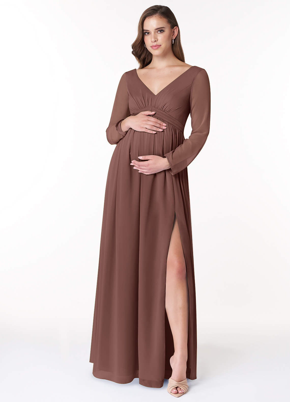 Azazie Teton Brudepigekjoler til gravide A-Line Langærmet Chiffon Gulv-længde Kjole image1