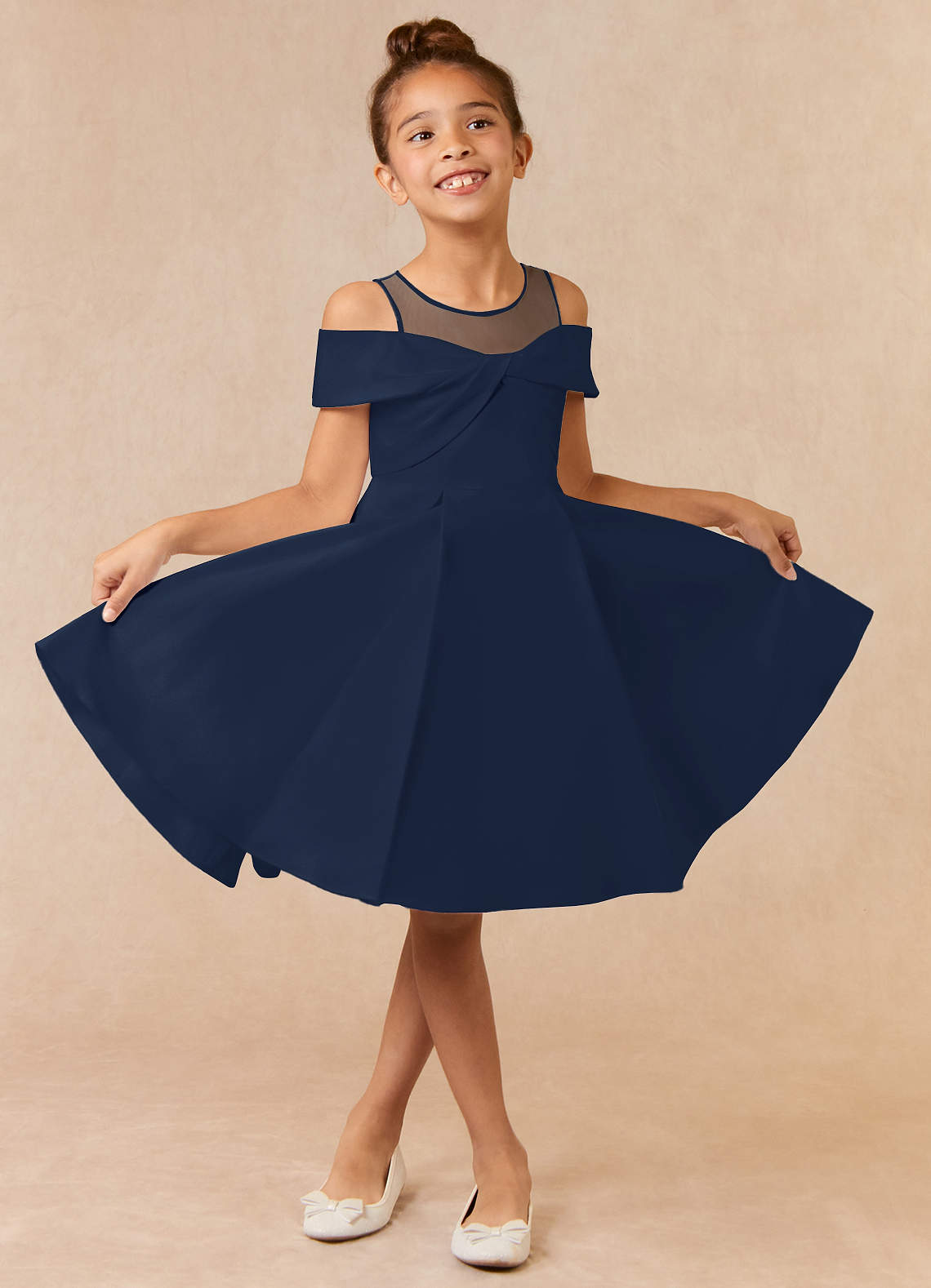 Azazie Shirin Flower Girl Dresses Dark Navy A-Line Off the Shoulder Matte Satin Dress image1