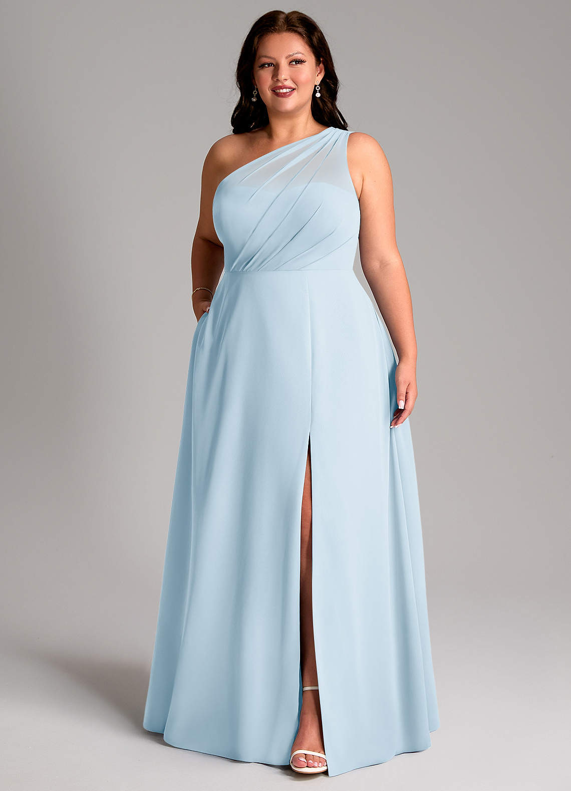 Azazie Phaedra Vestidos de madrinha de casamento Vestido Céu Azul de Chiffon de Linha A com Um ombro image11