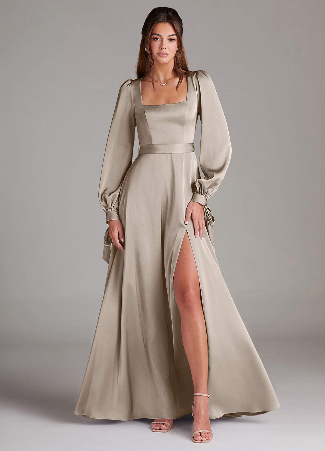 Azazie Leonia Bridesmaid Dresses Frost A-Line Long Sleeve Stretch Satin Dress image1