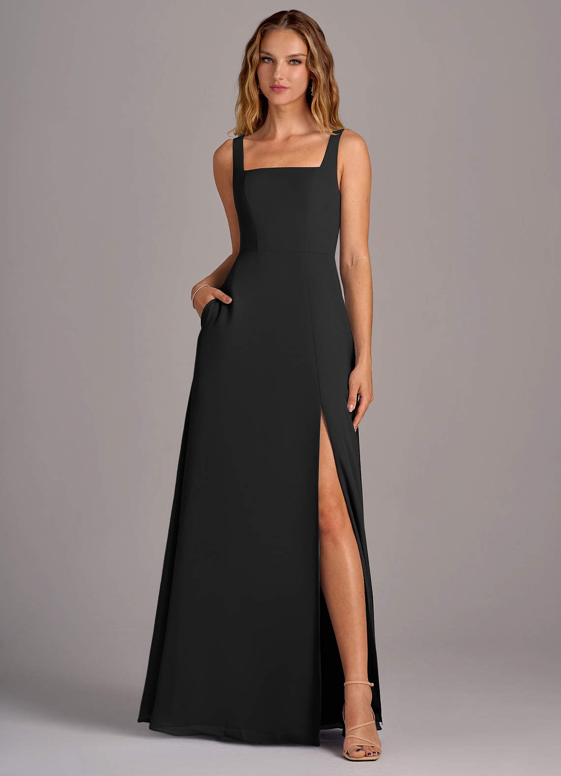 Azazie Debra Bridesmaid Dresses Black A-Line with Pockets Chiffon Convertible Dress image4
