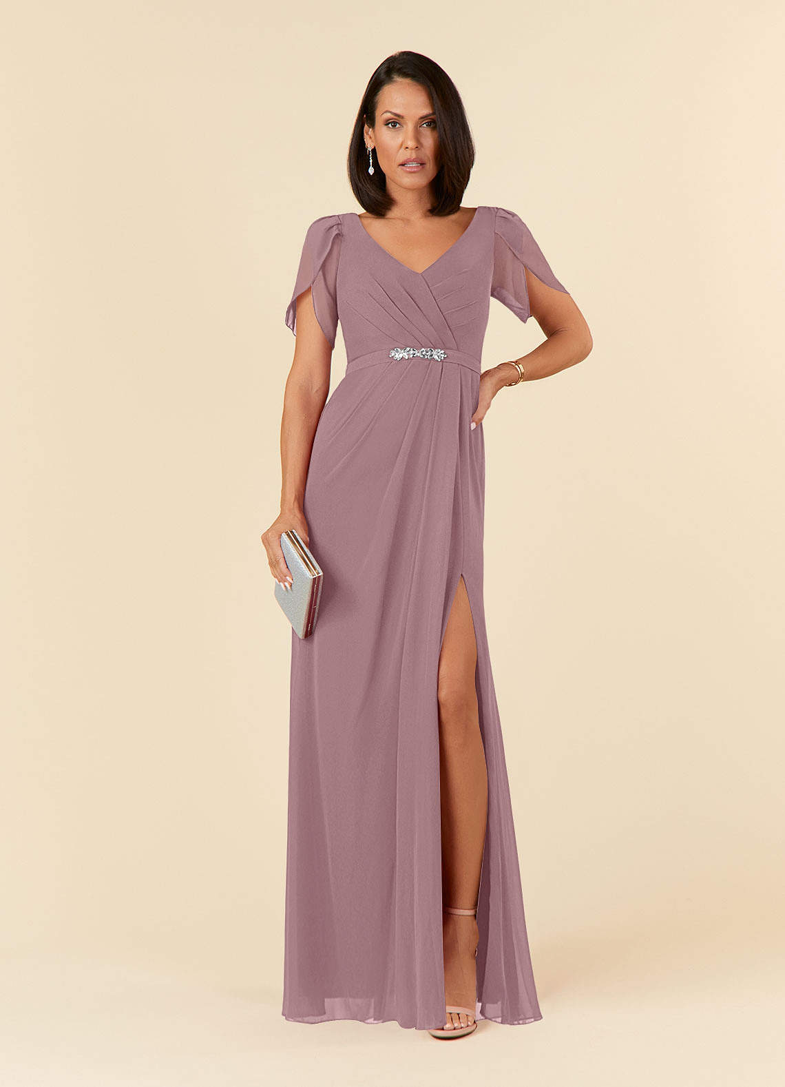 Azazie Marianne Mother of the Bride Dresses Dusty Rose Sheath V-Neck Pleated Chiffon Dress image1