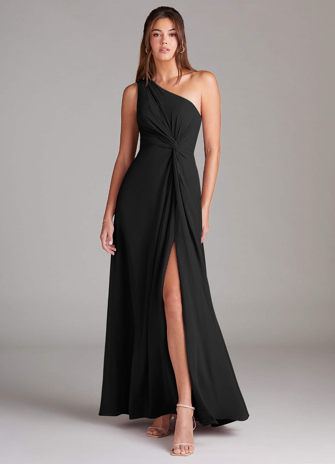 Azazie Brooke Bridesmaid Dresses Black A-Line One Shoulder Chiffon Dress image1