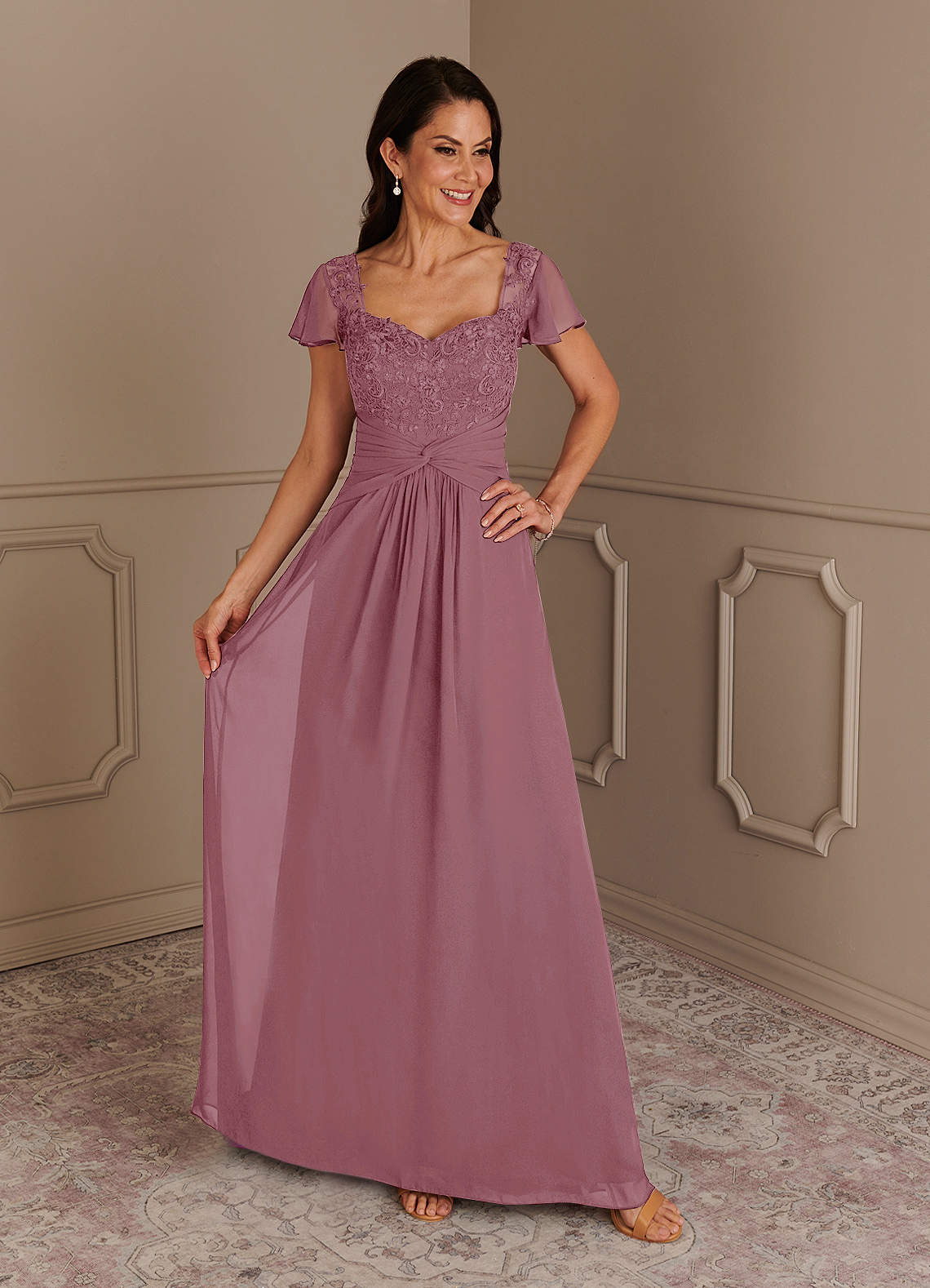 Azazie Gwenyth Mother of the Bride Dresses Vintage Mauve A-Line Lace Chiffon Dress image1