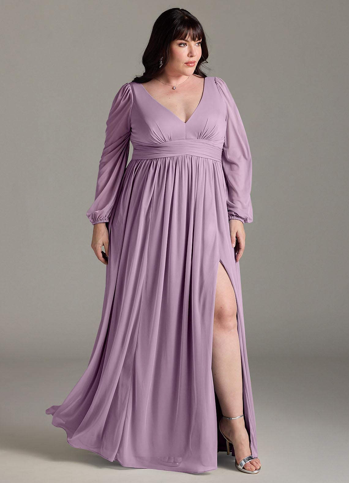 Azazie Norah Abiti da Damigella Abito A-Line in Chiffon con Maniche lunghe e Scollo a V Glicine image8