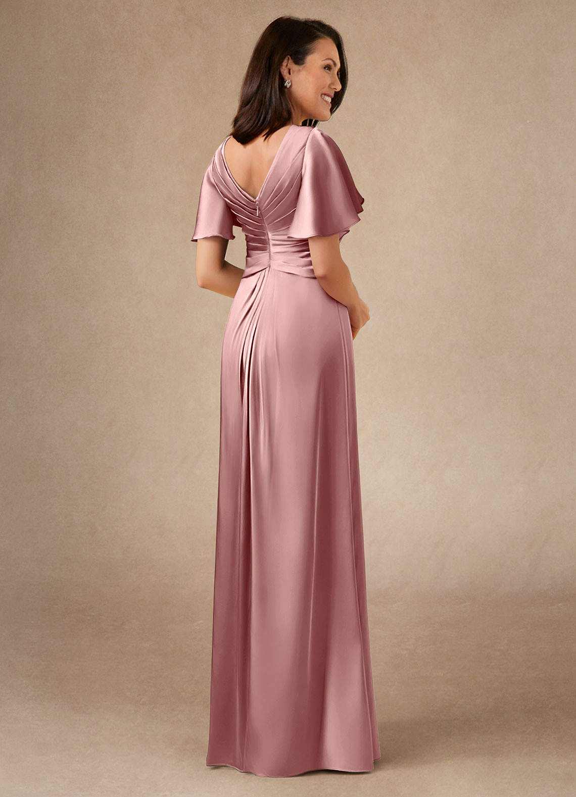 Azazie Emmeline Mother of the Bride Dresses Dusty Rose A-Line Pleated Stretch Satin Dress image1