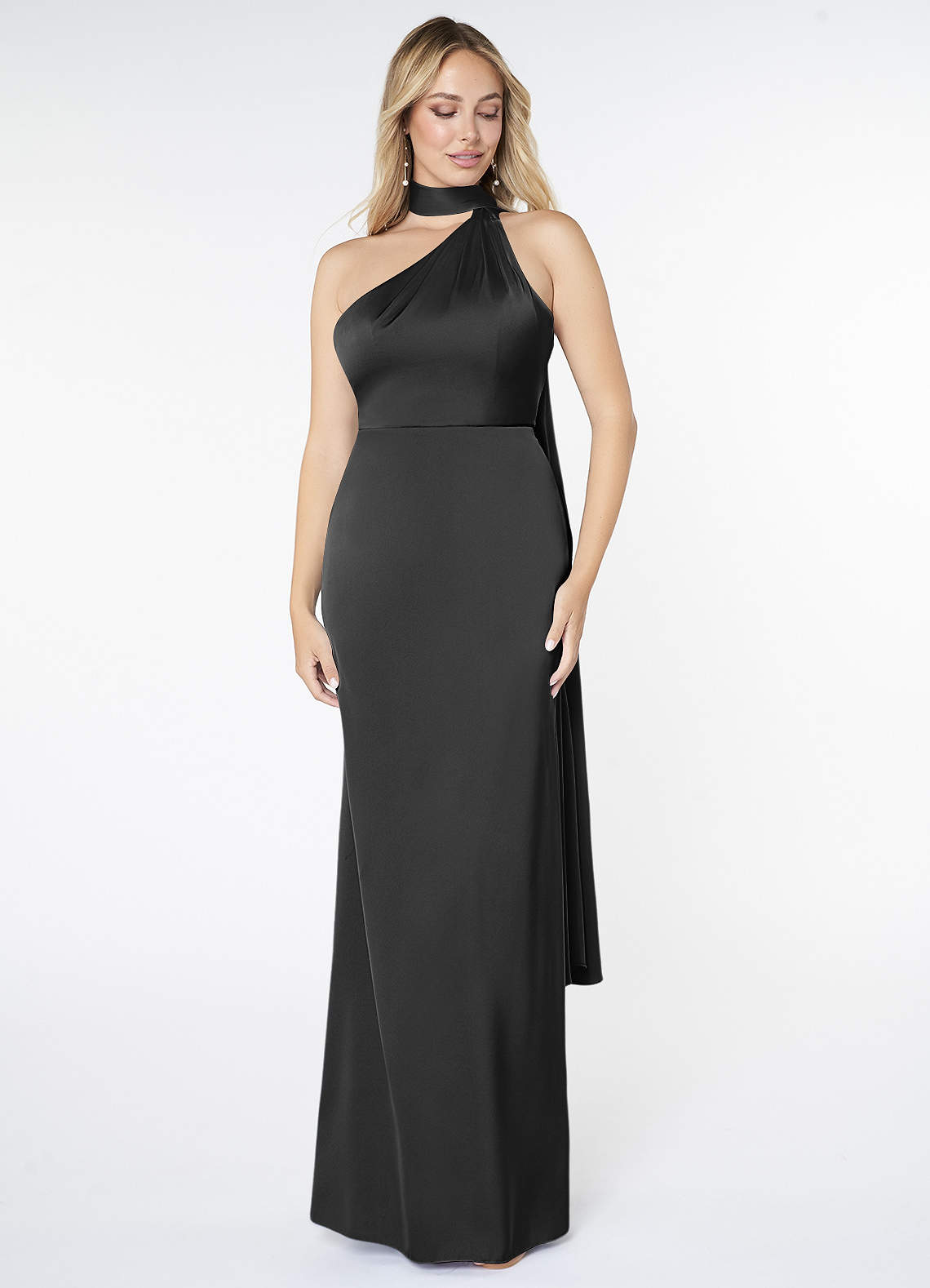 Azazie Kaylani Bridesmaid Dresses Black Mermaid High Neck Stretch Satin Dress image1