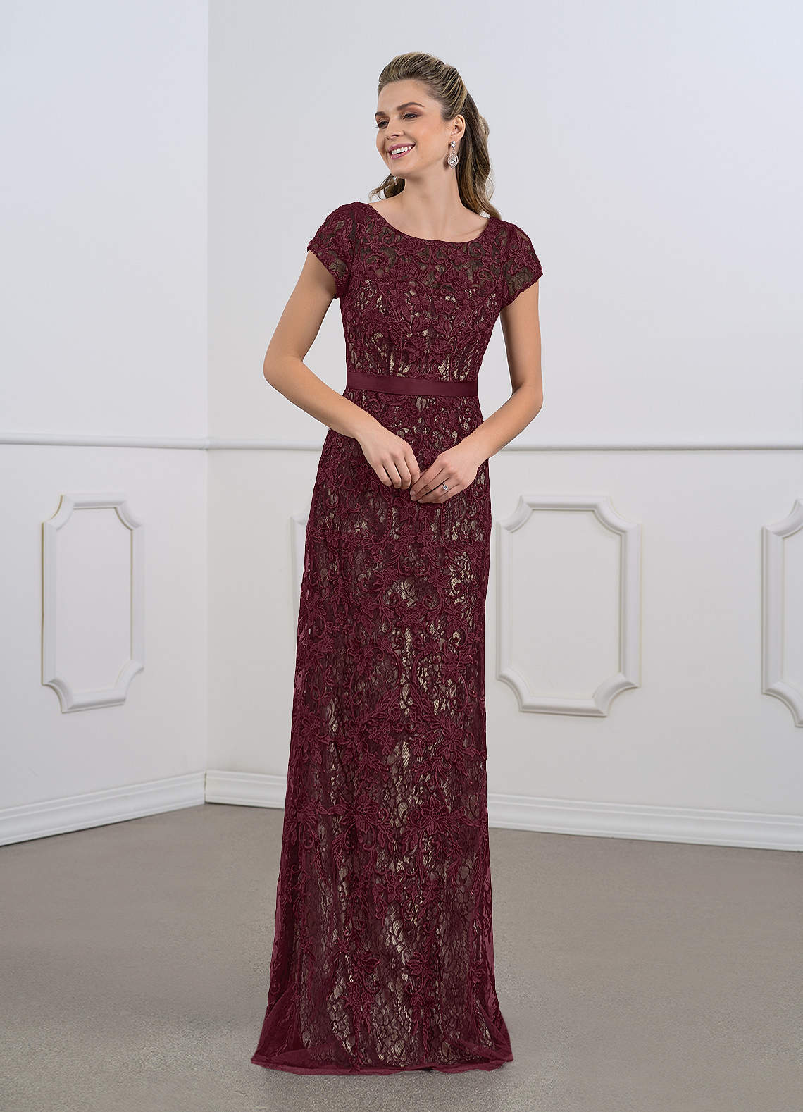 Azazie Dorit Cabernet Champagne Sheath Scoop Lace Dress Ready to Ship |  Azazie