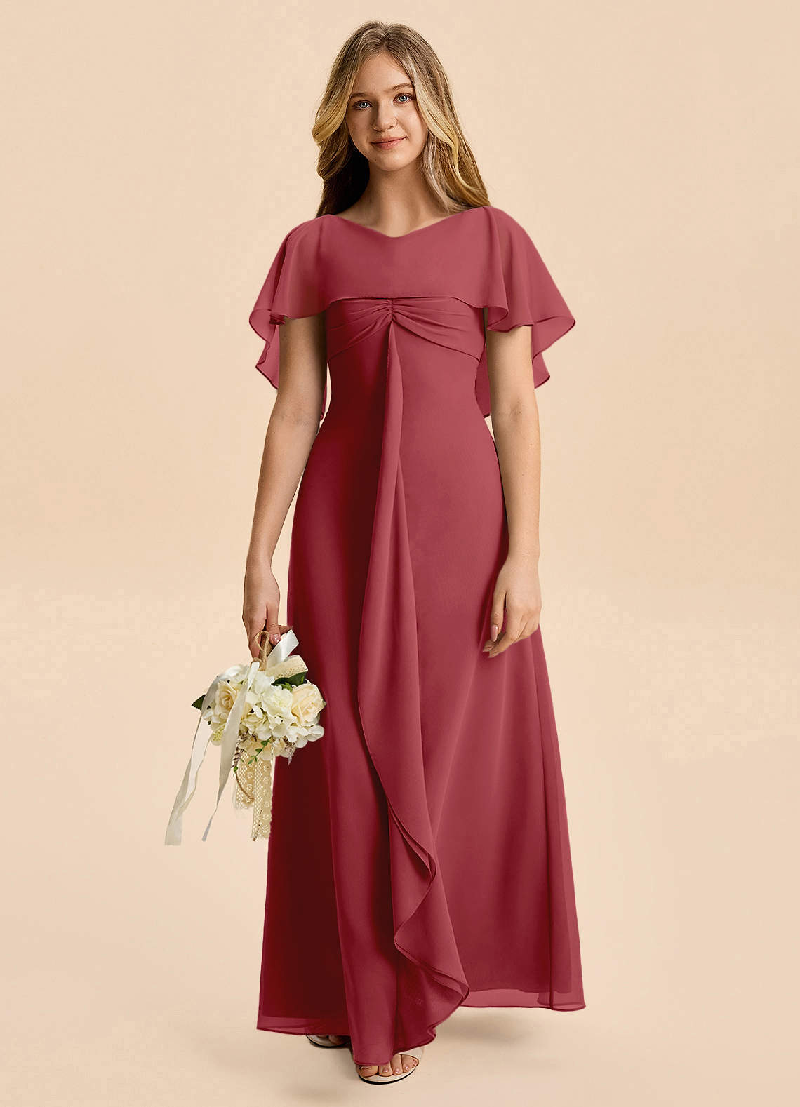 Azazie Selena Junior Pomegranate A-Line Ruched Chiffon Dress image3