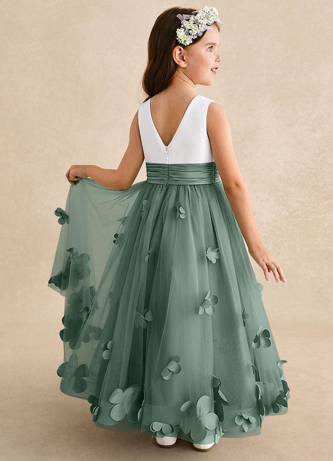 Azazie Vi Flower Girl Dresses Eucalyptus A-Line Sleeveless Tulle Dress image1