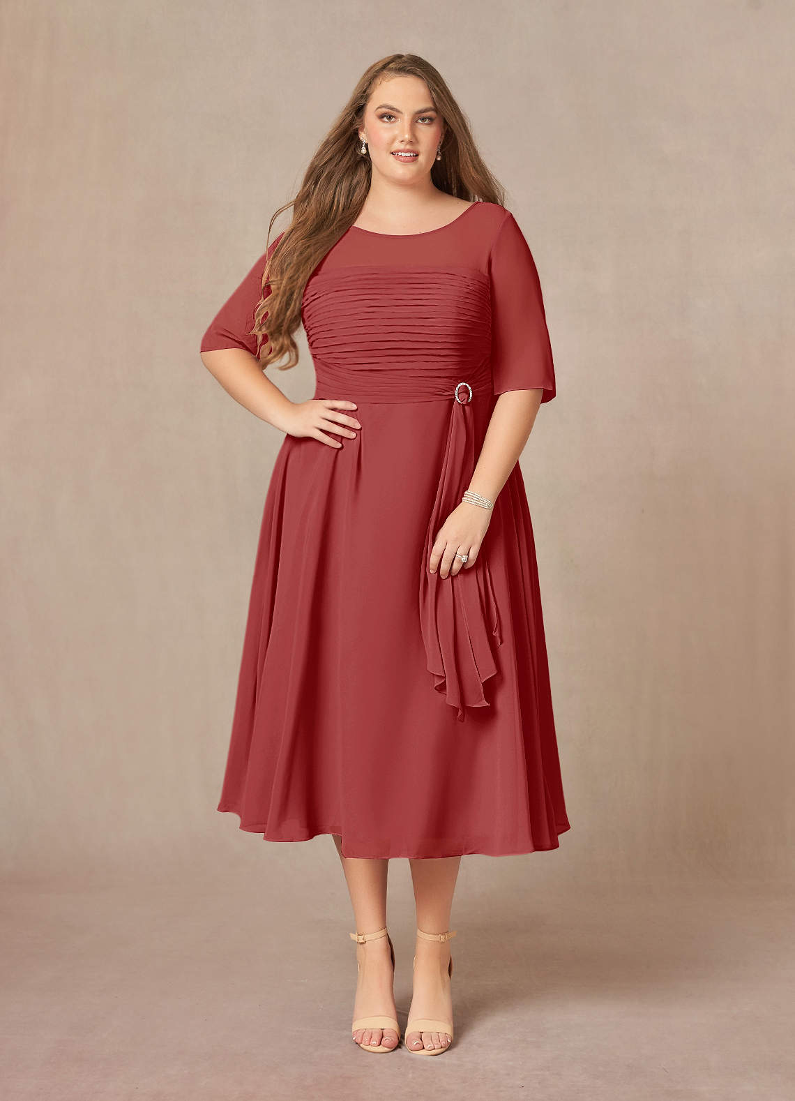 Chiffon Tea-length Pleated Dress with Floral Waist Detail Green