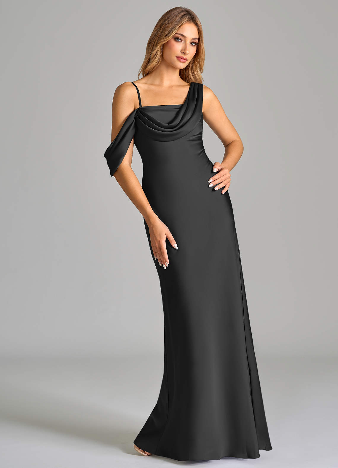 Azazie Celina Bridesmaid Dresses Black Sheath Off the Shoulder Stretch Satin Dress image1
