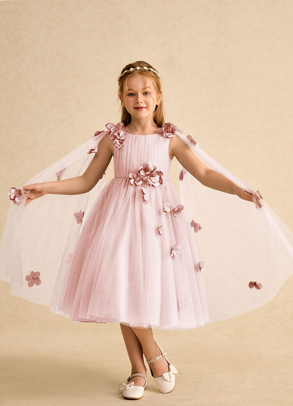 Azazie Staria Flower Girl Dresses Blushing Pink Ball-Gown Ruched Tulle Dress image3