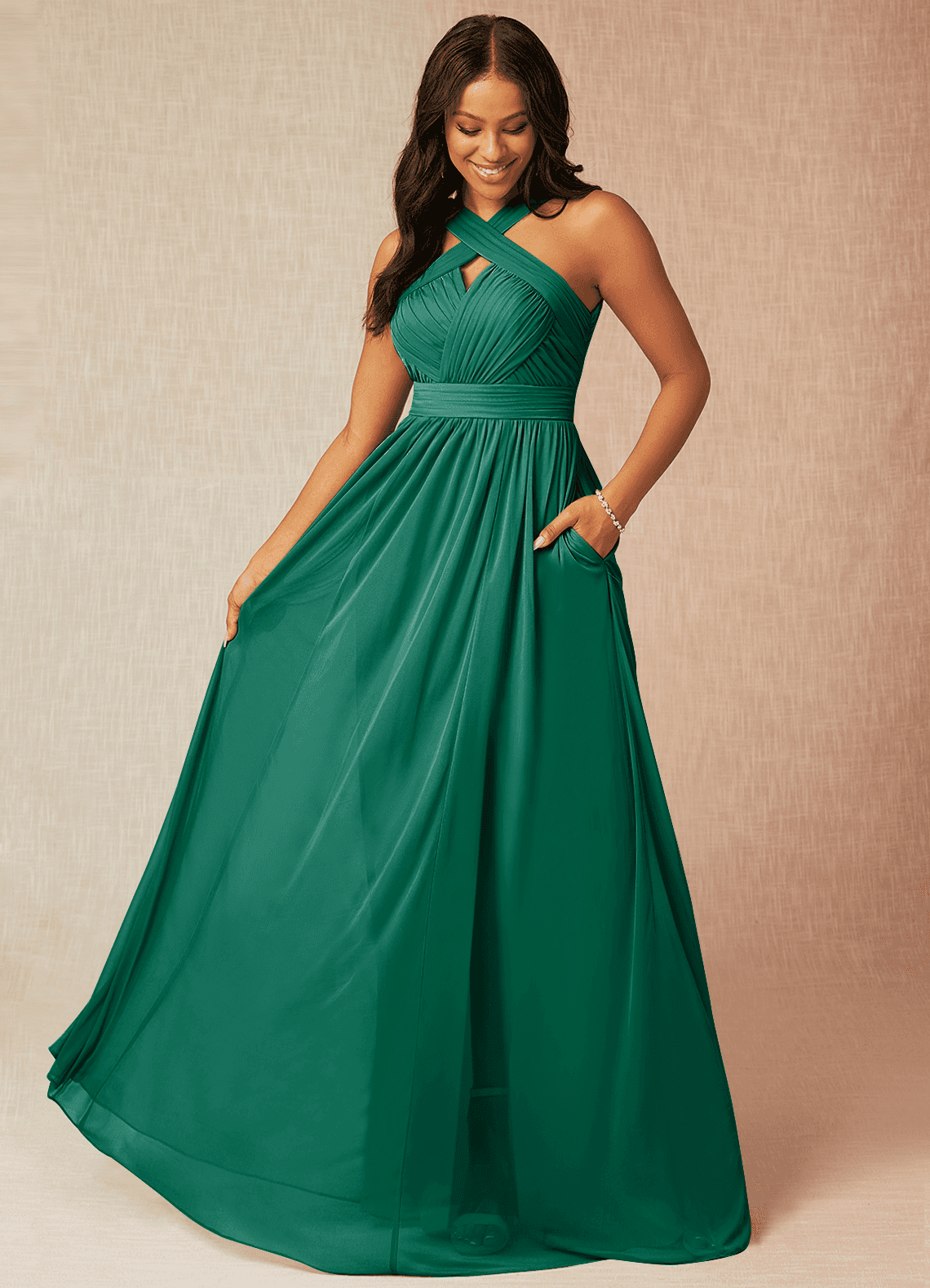 Azazie Hillian Robes de demoiselle d'honneur Robe Trapèze en Maille Dos nu plissé émeraude image1