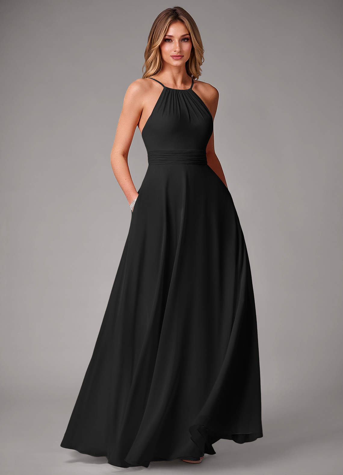 Azazie Amalia Bridesmaid Dresses Black A-Line Pleated Chiffon Dress image1