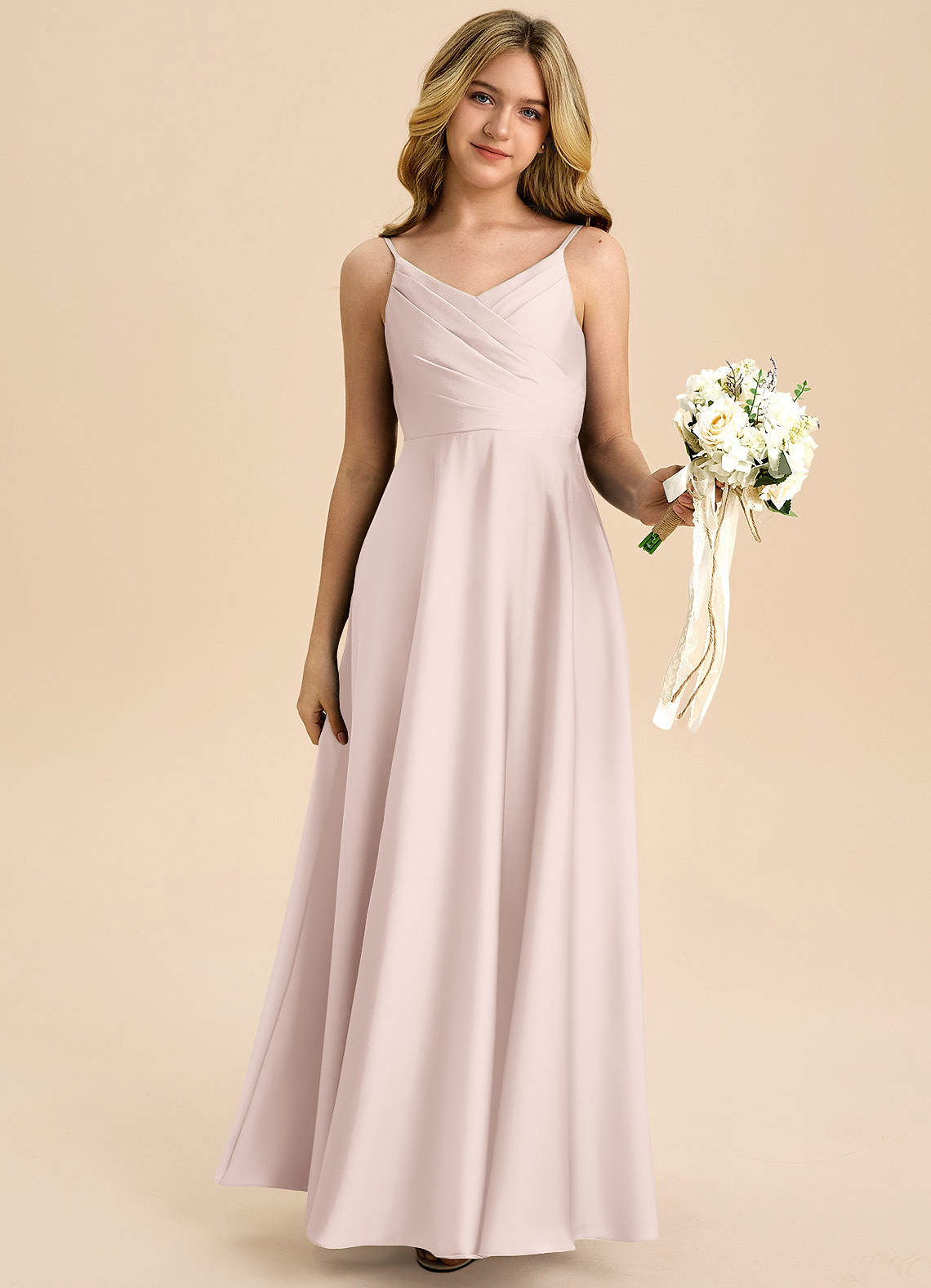 Azazie Bug Junior Linia A Pofałdowany Satyna elastyczna Długość podłogi Młodsza druhna Sukienka image5