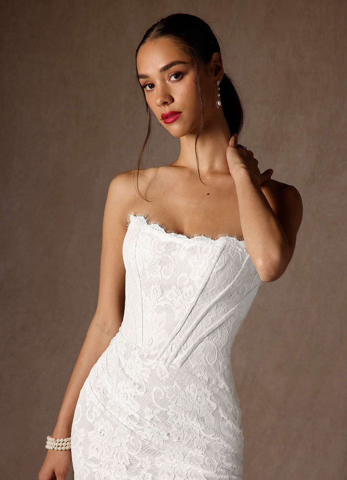 Azazie Starla Wedding Dresses Diamond White Sheath Strapless Lace Dress image4