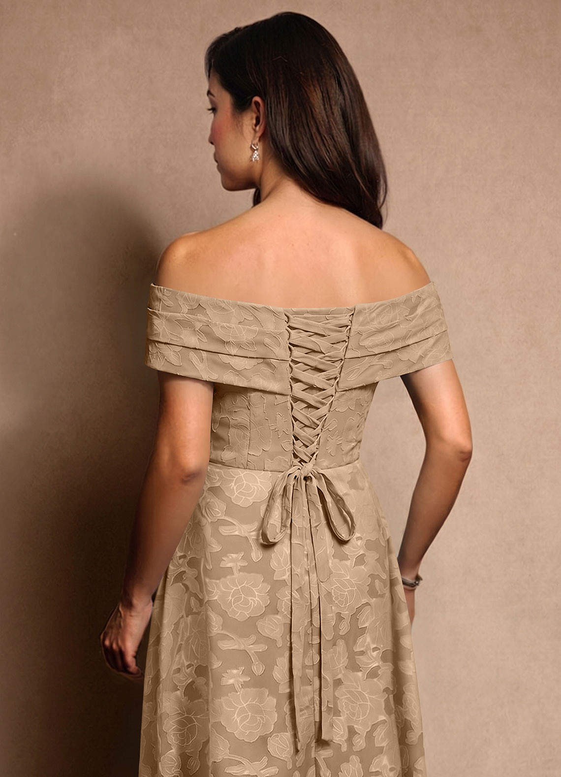 Azazie New Britain Mother of the Bride Dresses Champagne A-Line Pleated Floral Burnout Dress image6
