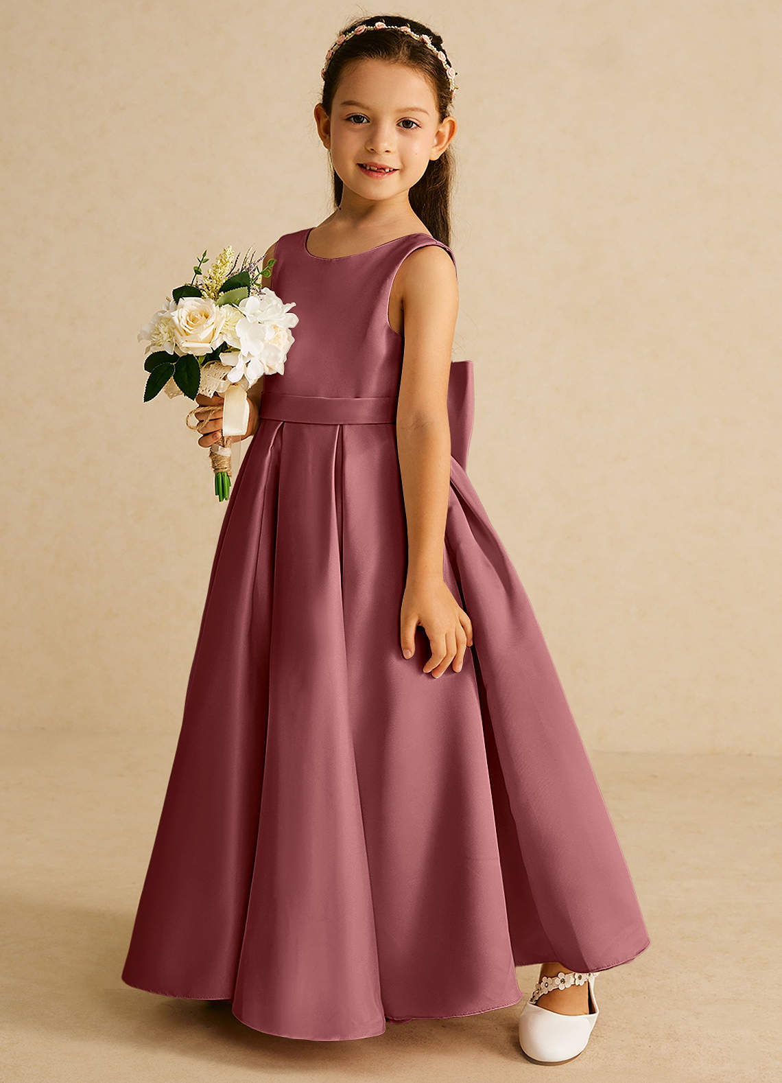 Azazie Pipsy Robe Demoiselle D'honneur Fillette Robe Trapèze en Mat Satiné Arc Améthyste image1