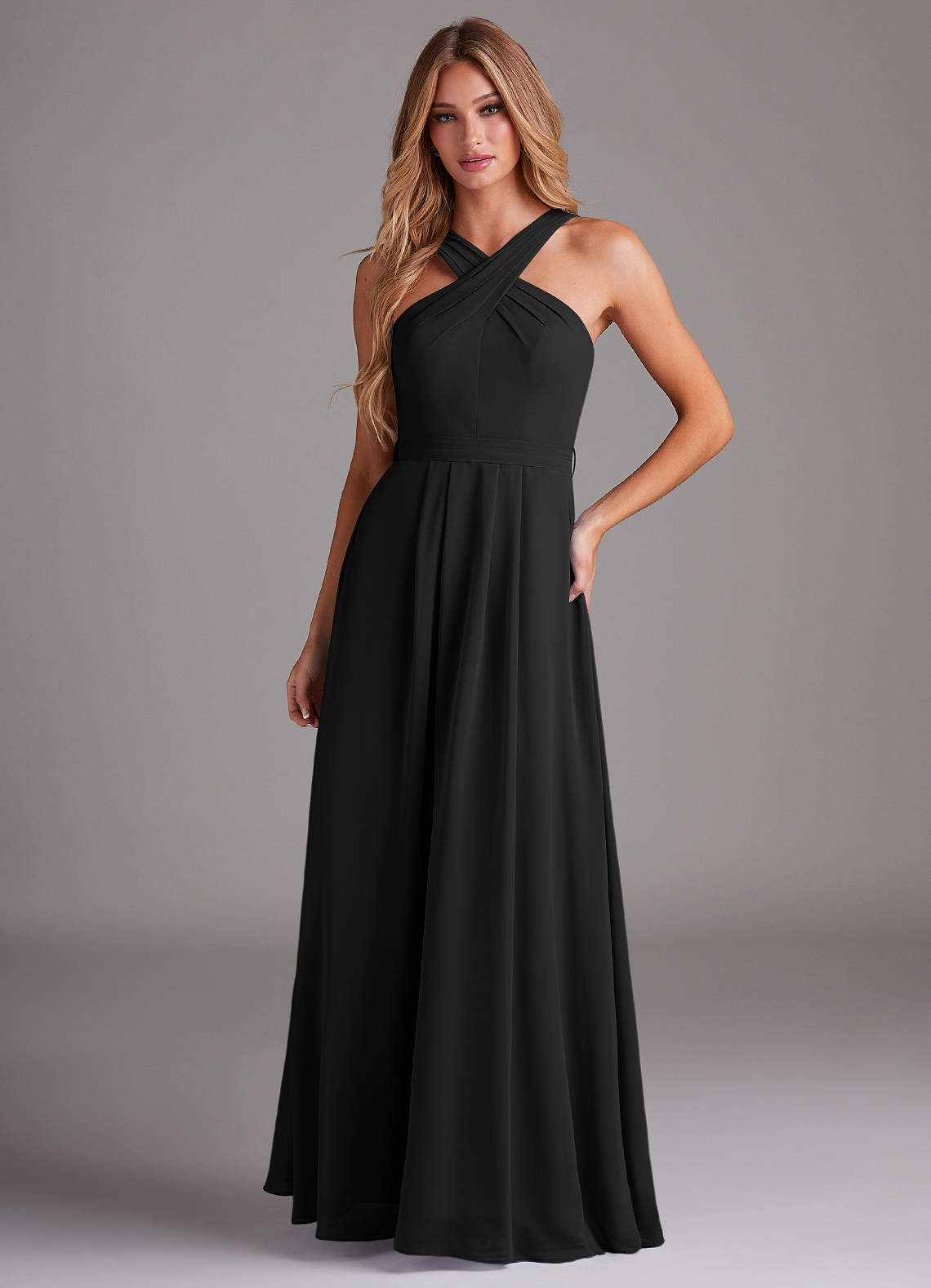 Azazie Dixie Bridesmaid Dresses Black A-Line Halter Pleated Chiffon Dress image1