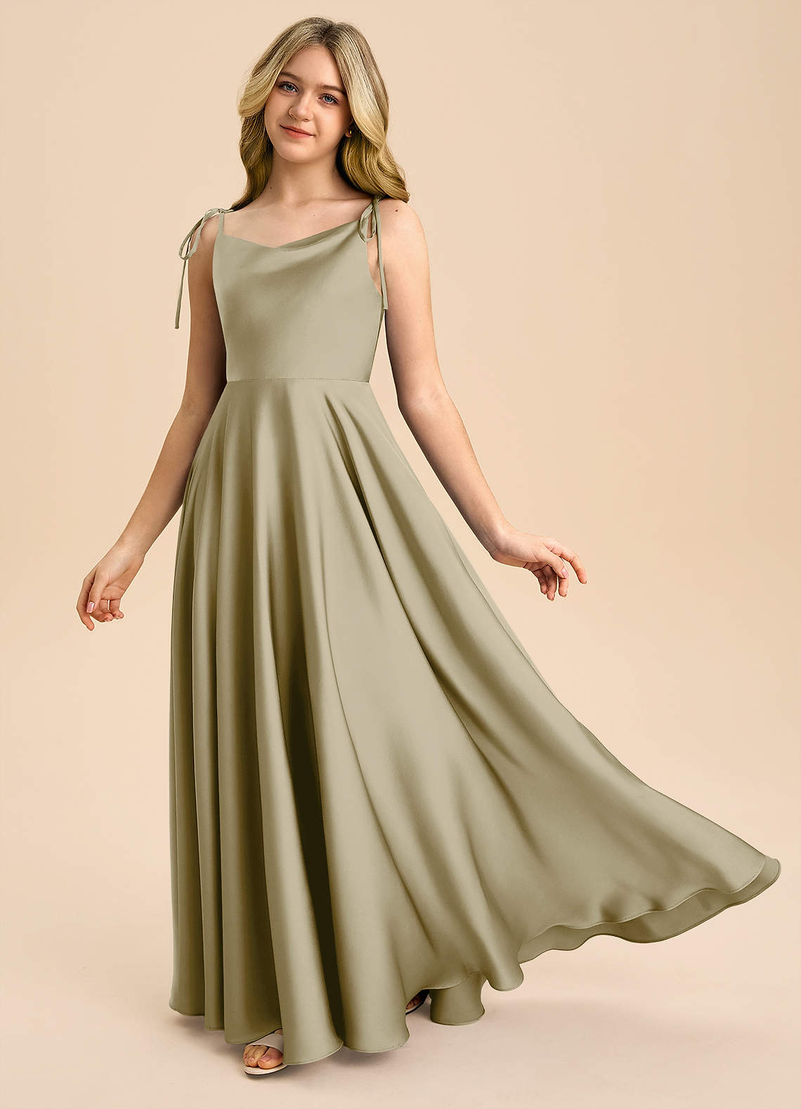 Azazie A-Line/Princess Cowl Neck Floor-Length Stretch Satin Junior Bridesmaid Dresses - Moss Green Azazie A-Line/Princess Cowl Neck Floor-Length Stretch Satin Junior Bridesmaid Dresses - Moss Green