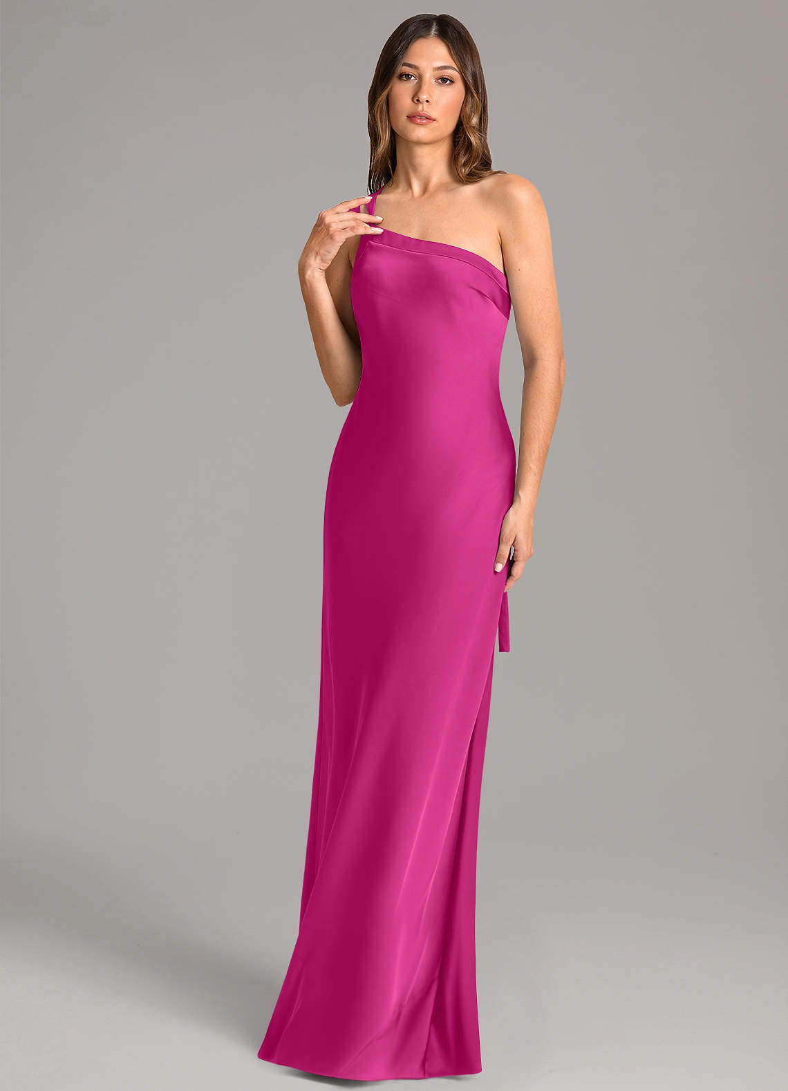 Azazie Monroe Bridesmaid Dresses Fuchsia Mermaid One Shoulder Stretch Satin Dress image1