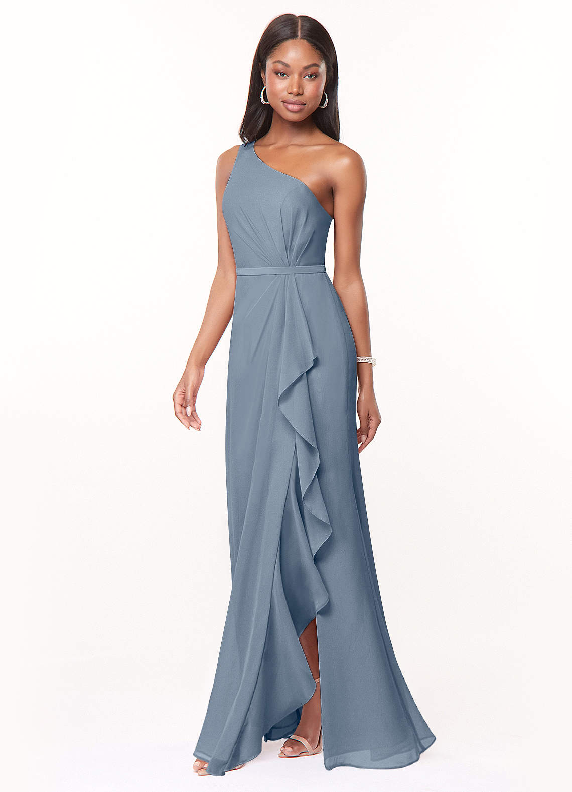 Azazie Liza Vestidos de damas de honor Vestido de Crepúsculo de Gasa de Corte Sirena con Hombro unilateral image1