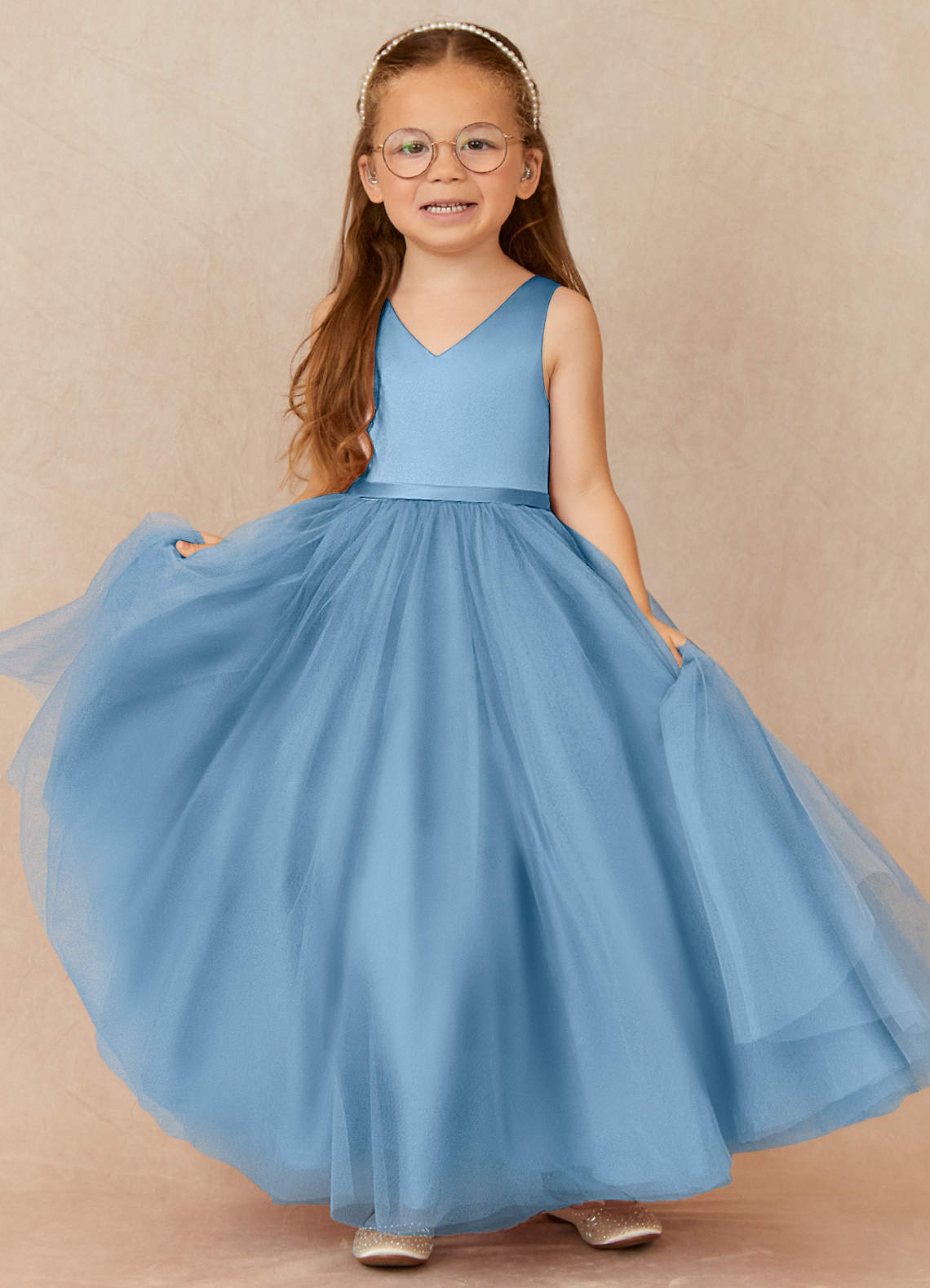Azazie Marybell vestidos de niña de las flores Vestido de Azul Acero de Tul de Corte En A con Lazo image1