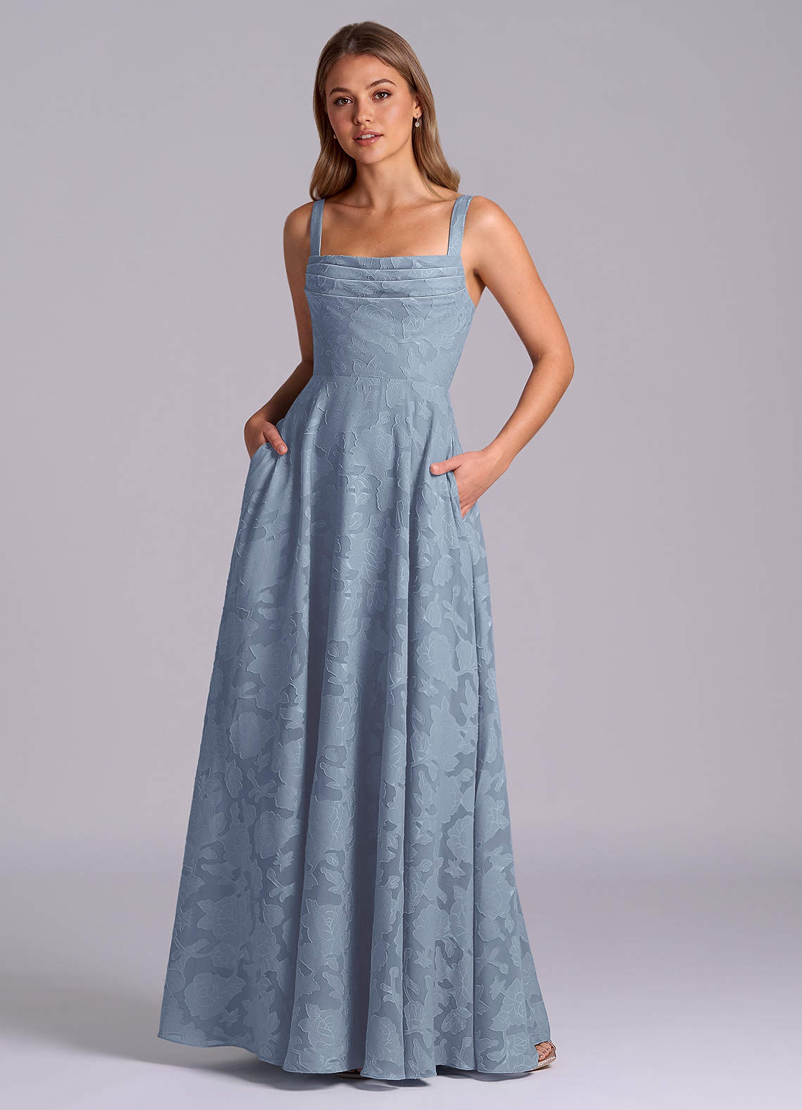Azazie Shaude Bridesmaid Dresses Dusty Blue A-Line Pleated Floral Burnout Dress image1