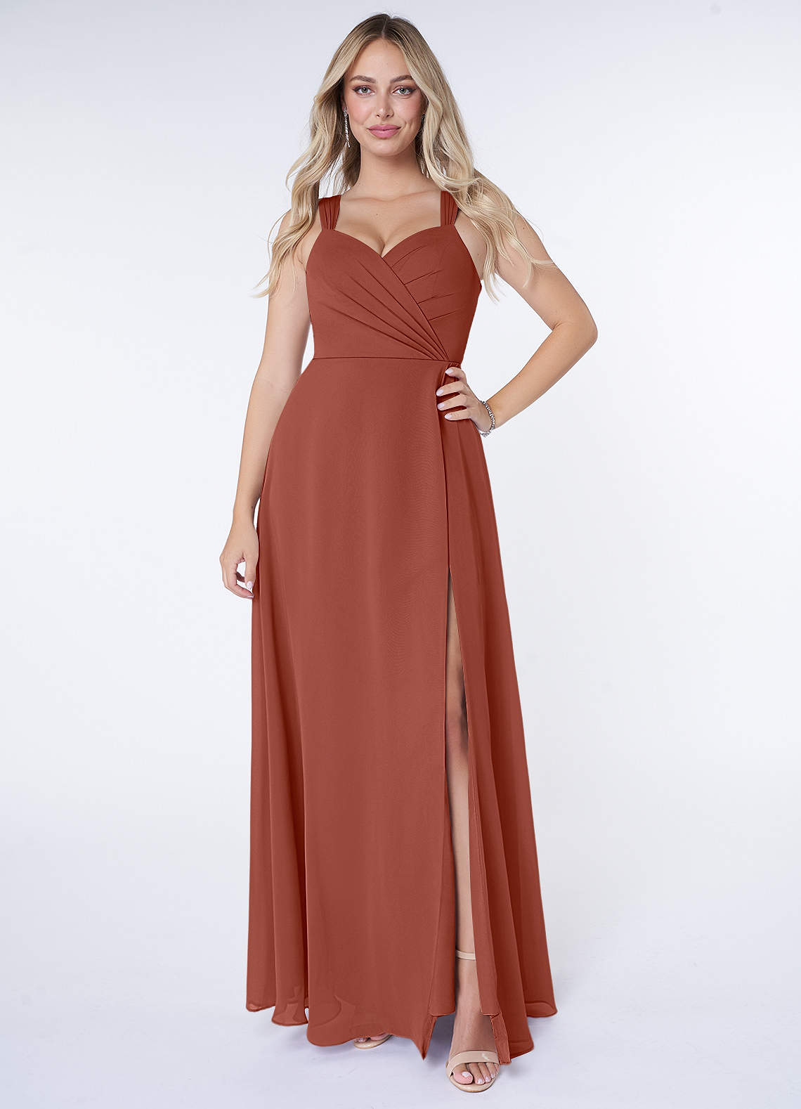 Azazie Nahrin Bridesmaid Dresses Auburn A-Line V-Neck Pleated Chiffon Dress image1