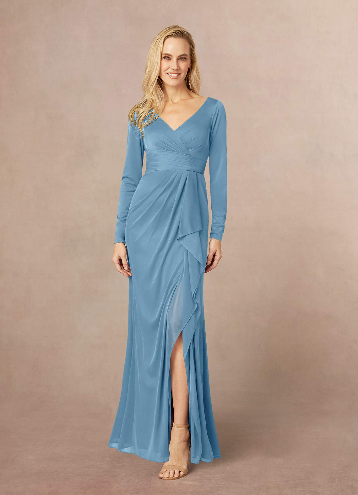 Azazie Risa Mother of the Bride Dresses Steel Blue Mermaid V-Neck Pleated Mesh Dress image1