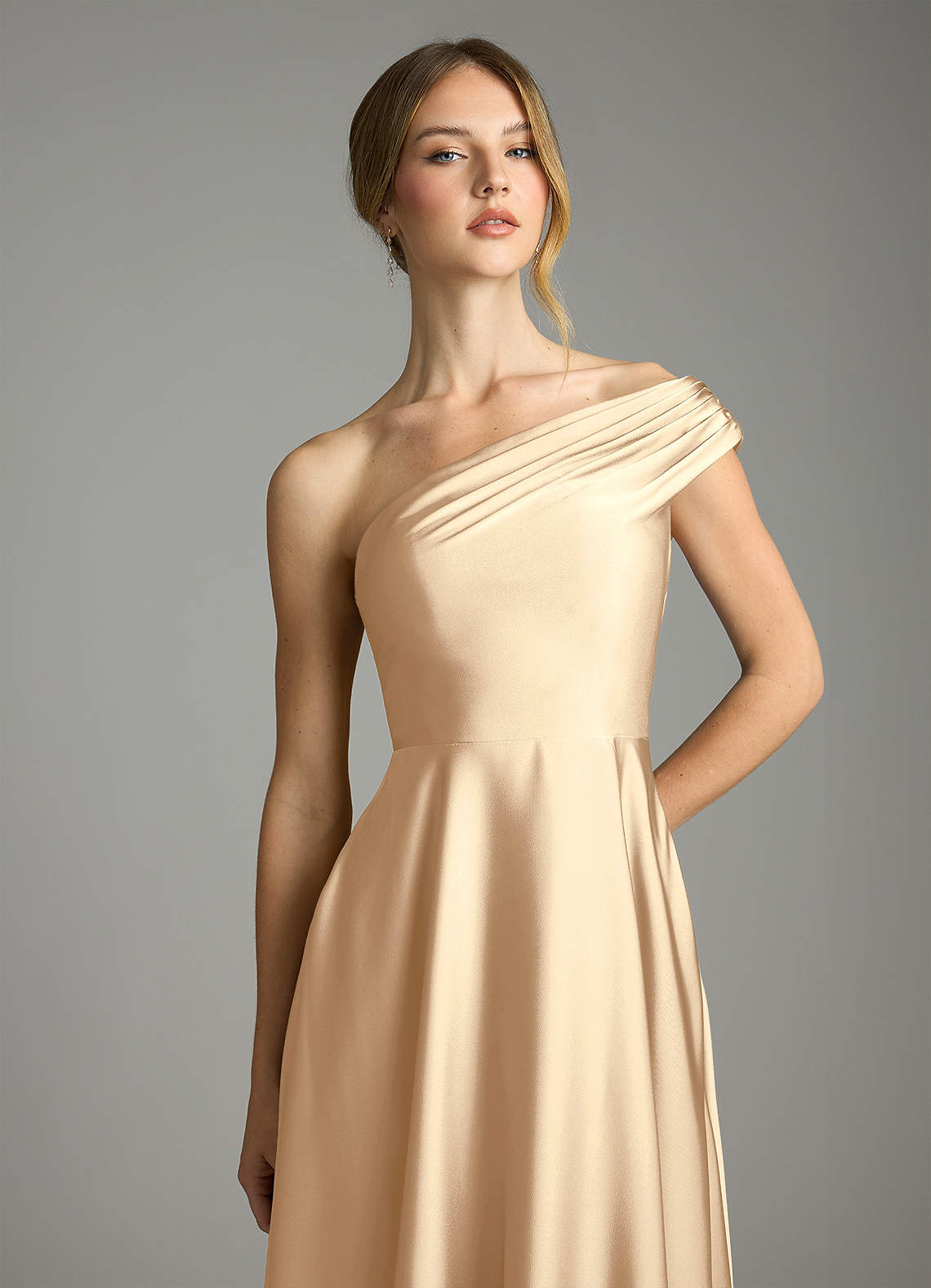 Azazie Melanie Bridesmaid Dresses Champagne A-Line Off the Shoulder Stretch Satin Dress image5