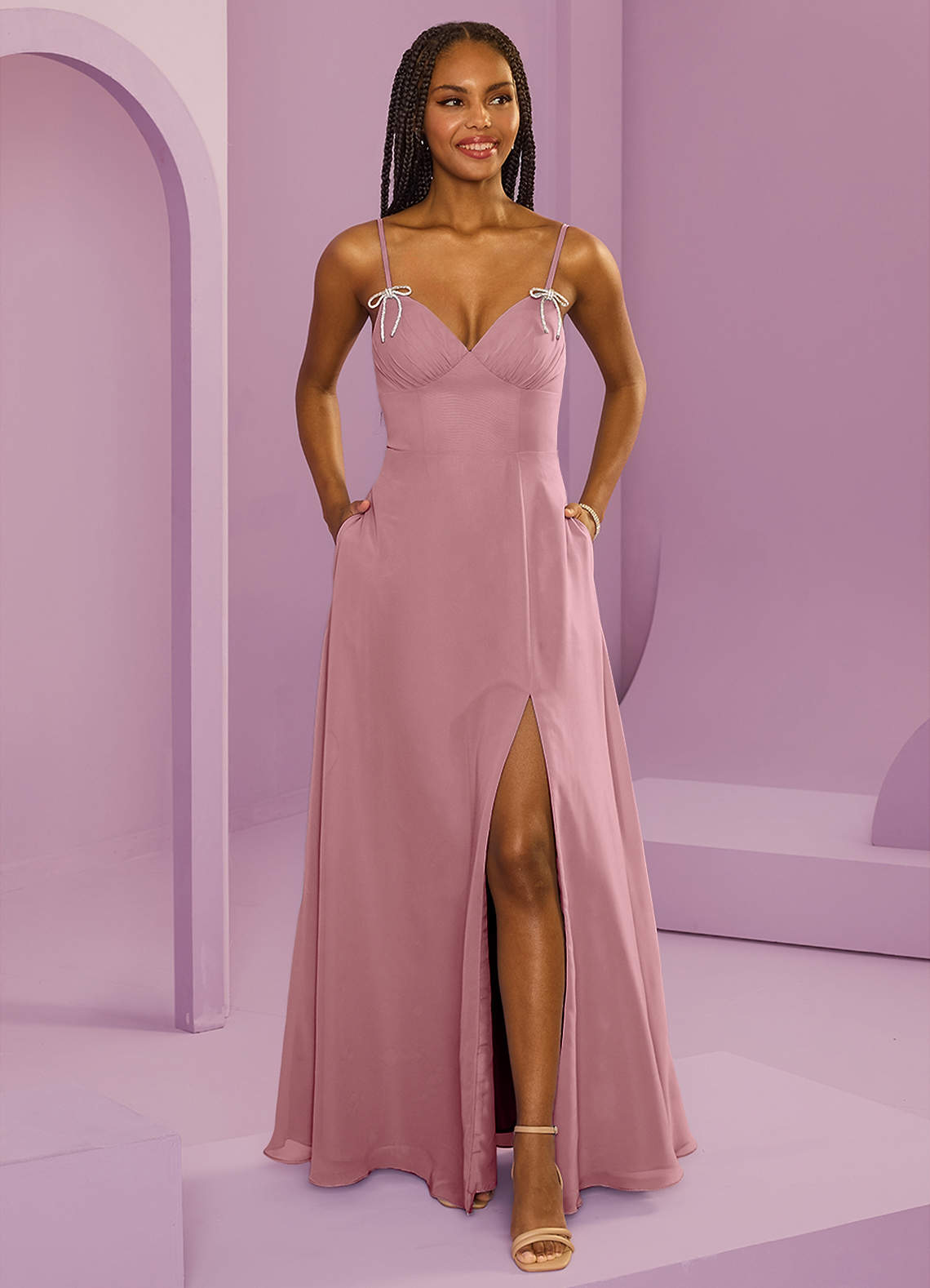 Barbie ♥ Azazie Bridesmaid Dresses Dusty Rose A-Line with Pockets Chiffon Dress image1
