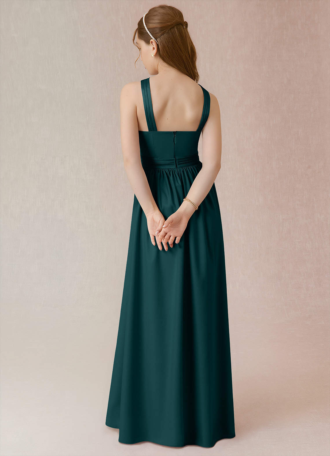 Azazie Jiya Junior Pine A-Line Pleated Stretch Satin Dress image1