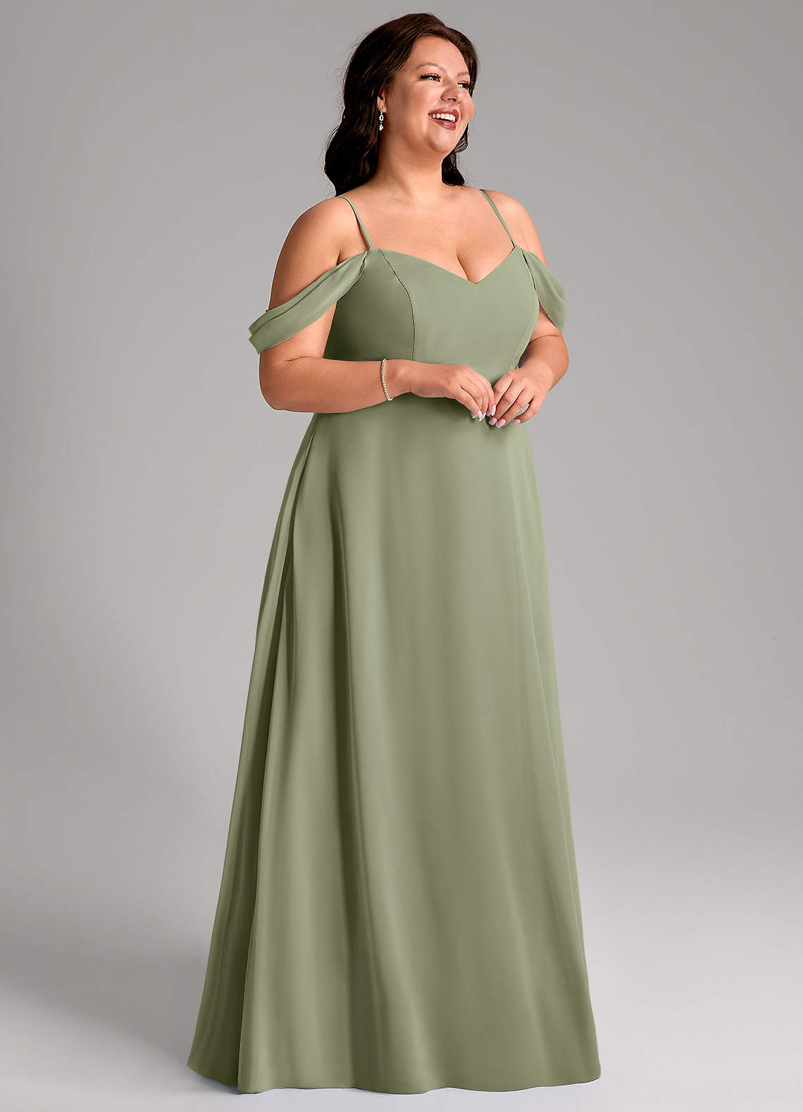 Azazie Marley Vestidos de madrinha de casamento Vestido Pistache de Chiffon de Linha A com Fora do ombro image14