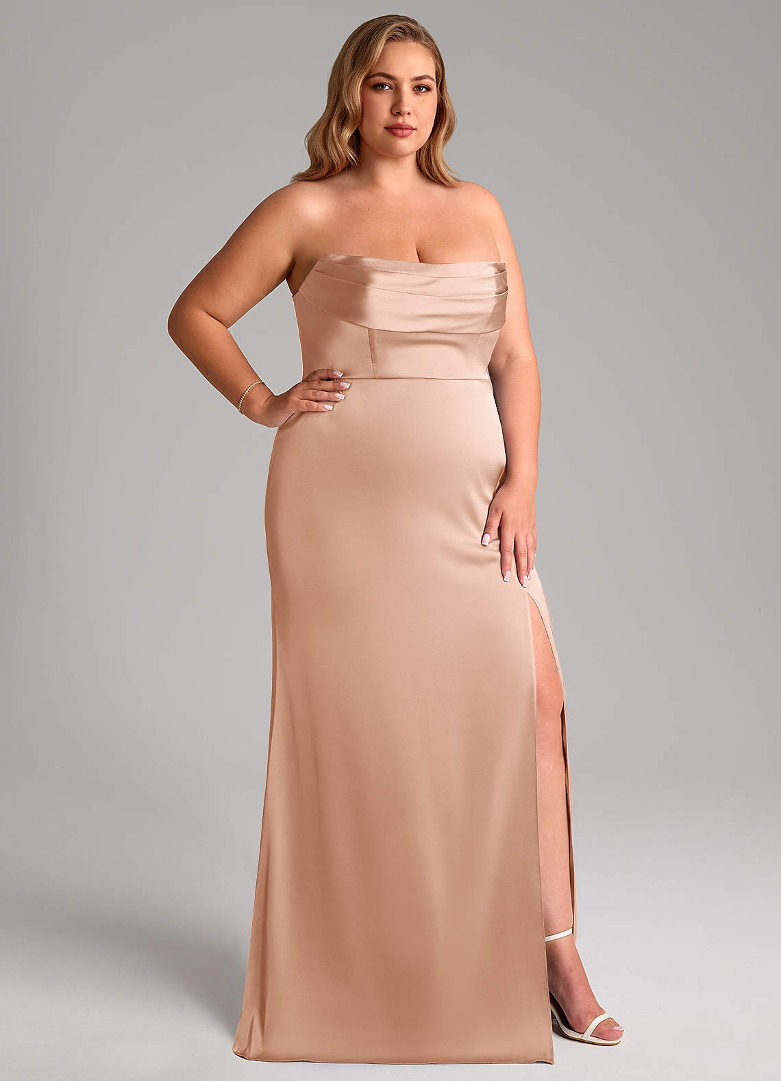 Azazie Saige Bridesmaid Dresses Rose Gold Sheath Off the Shoulder Stretch Satin Dress image16