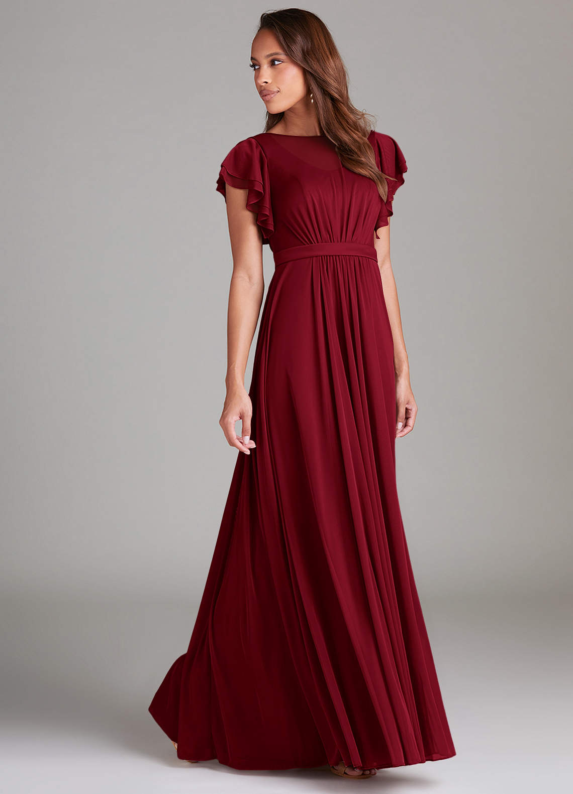 Azazie Daphne Modest Bridesmaid Dresses A-Line Ruched Mesh Floor-Length Dress image2