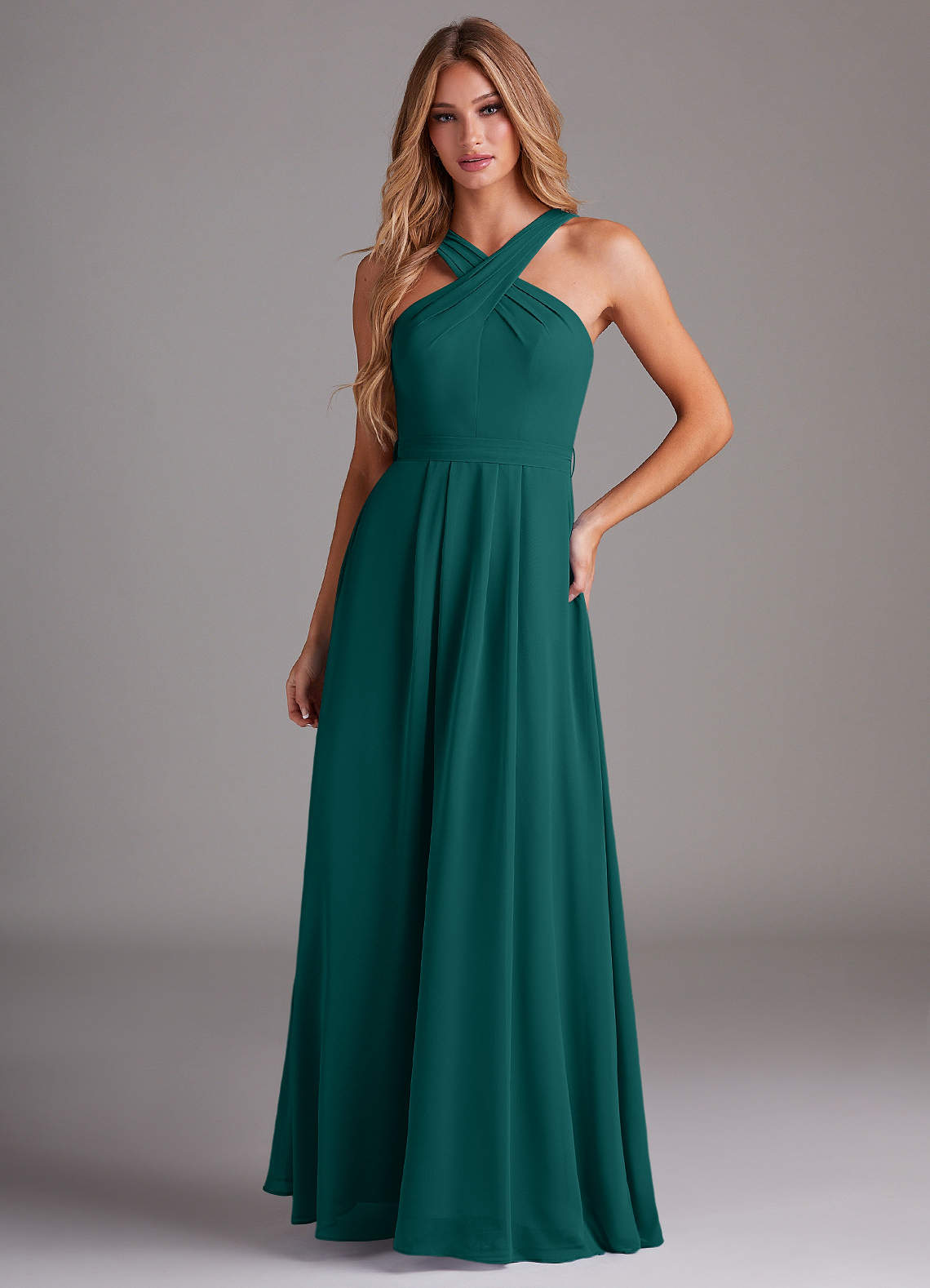 Azazie Dixie Bridesmaid Dresses Peacock A-Line Halter Pleated Chiffon Dress image1
