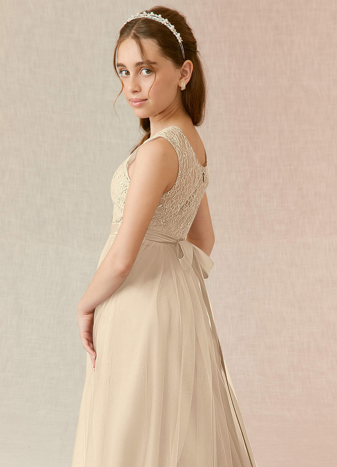 Azazie Georgette Junior Champagne A-Line Lace Tulle Dress image5