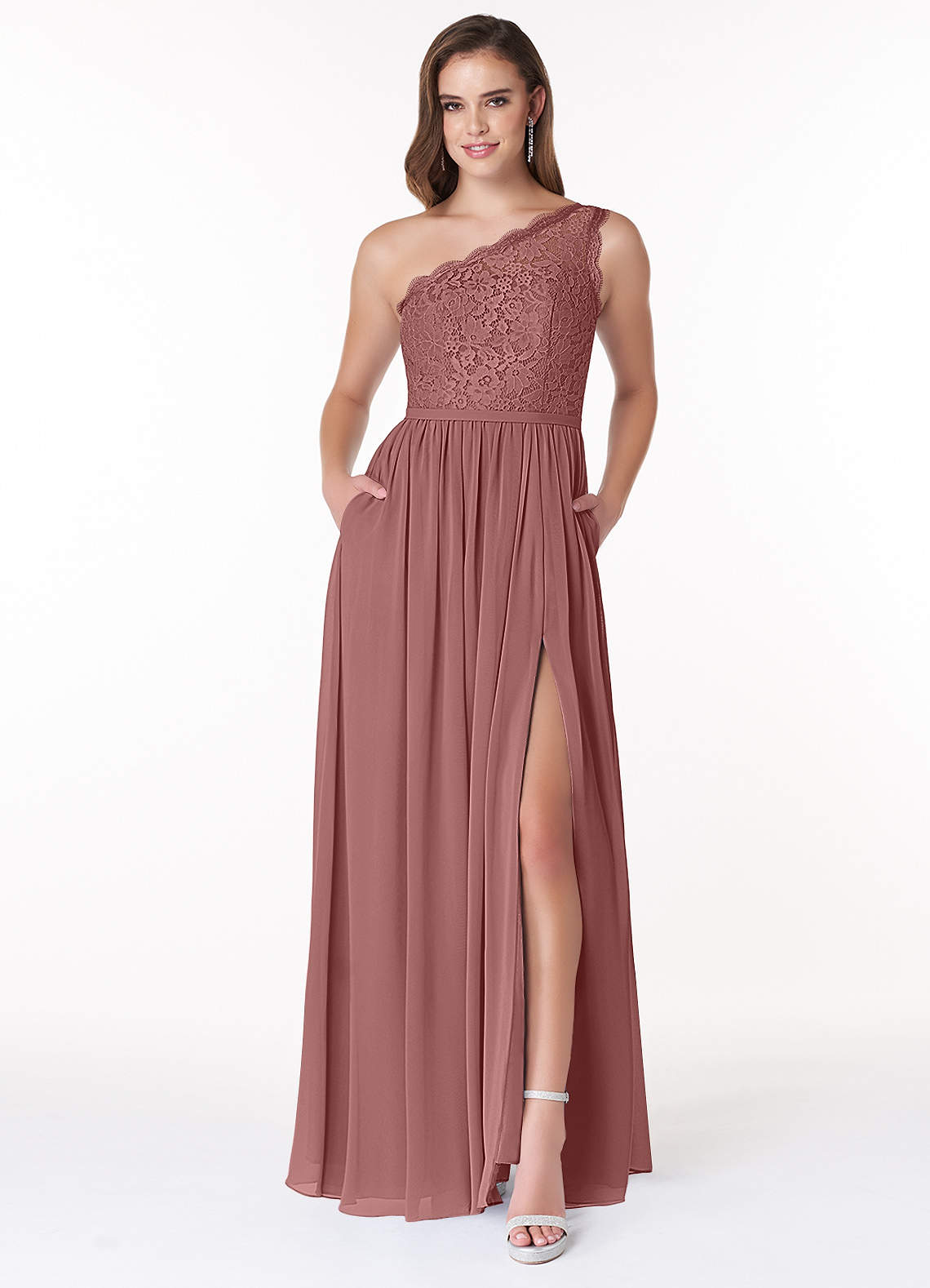 Azazie Demi Bridesmaid Dresses Desert Rose A-Line One Shoulder Chiffon Dress image1