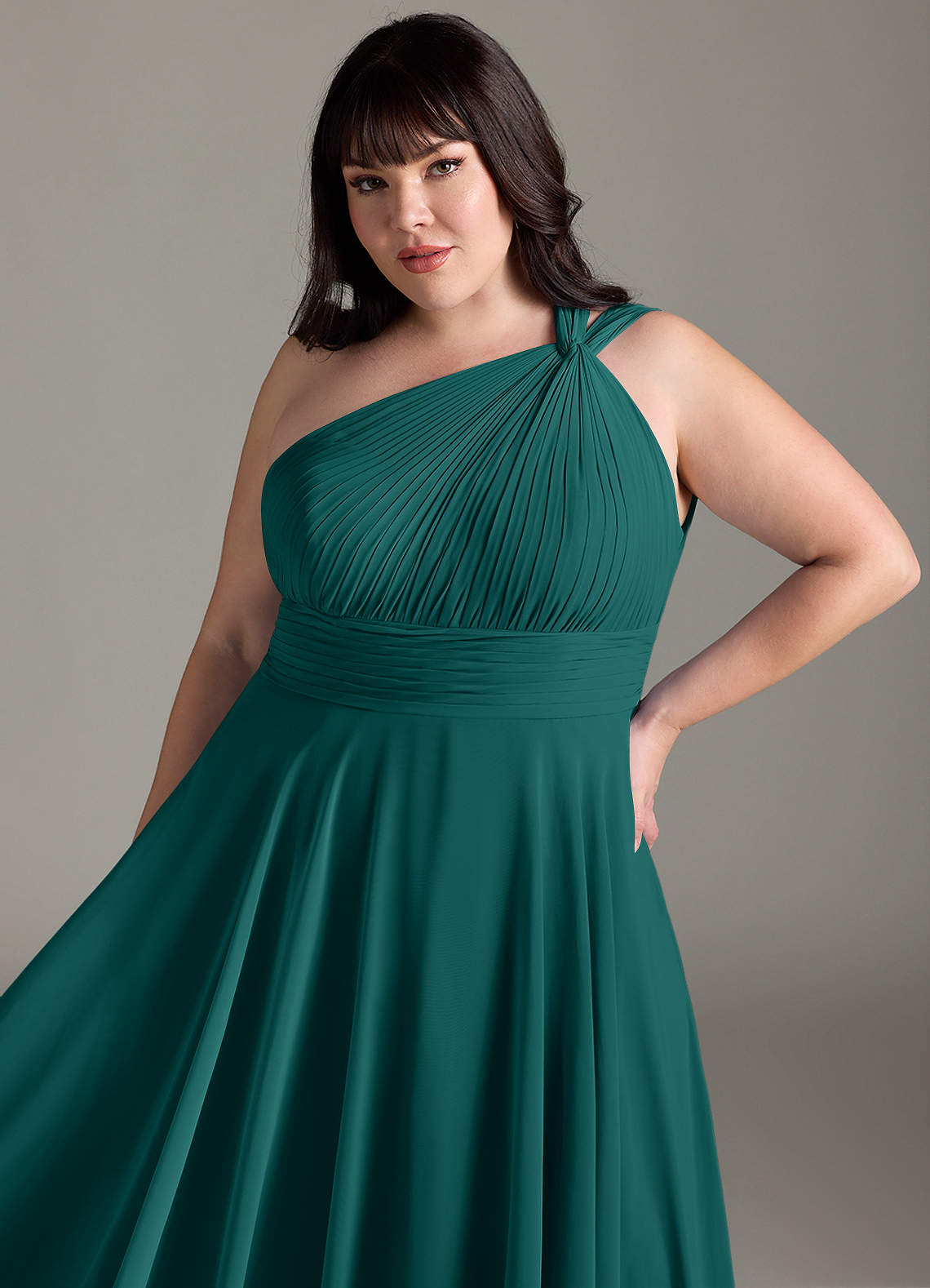 Azazie Charlize Abiti da Damigella Abito A-Line in Chiffon Monospalla Verde Pavone image11