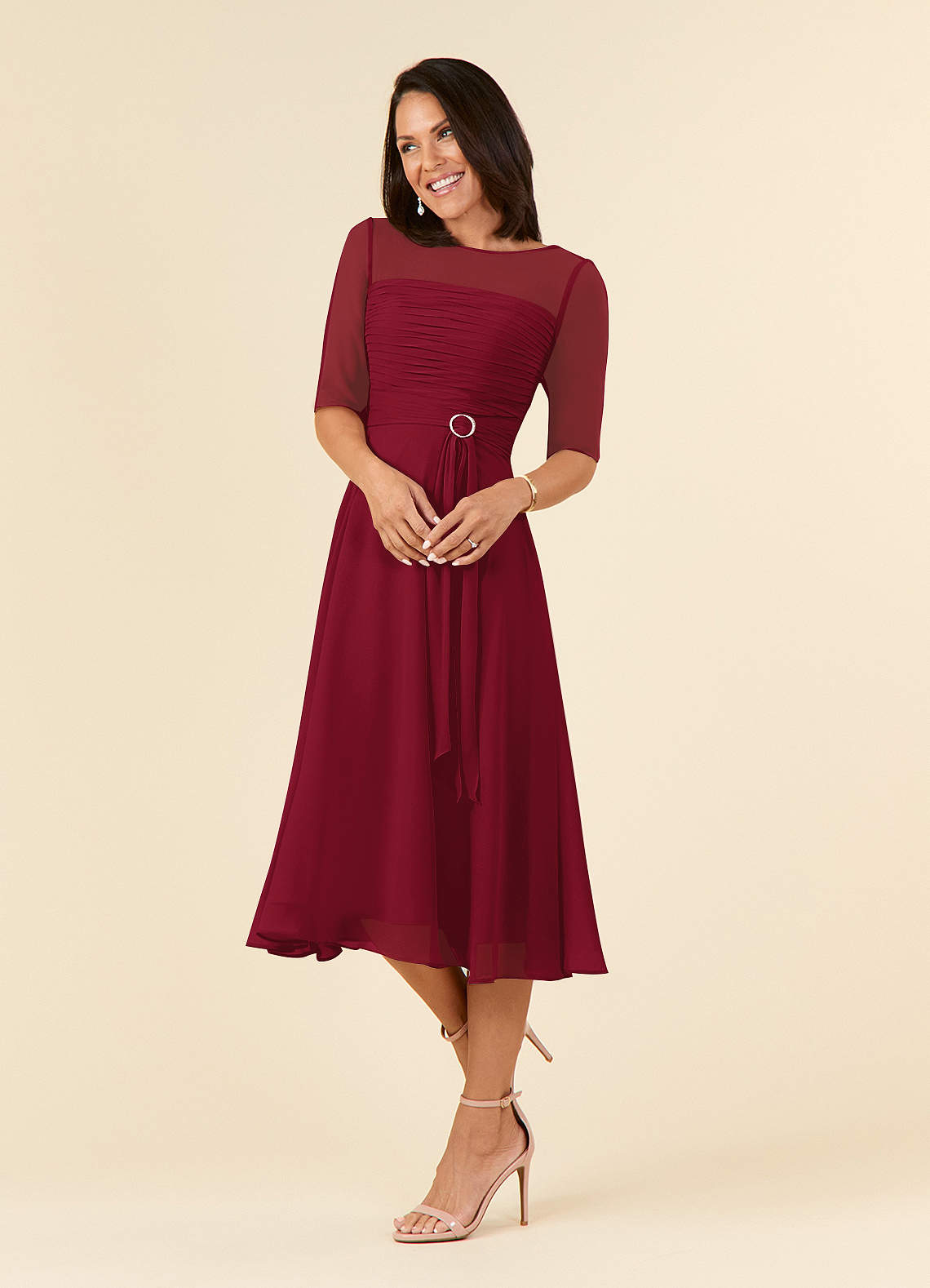 Azazie Naomi At-home Try On Dresses Burgundy A-Line Boatneck Pleated Chiffon Dress image2