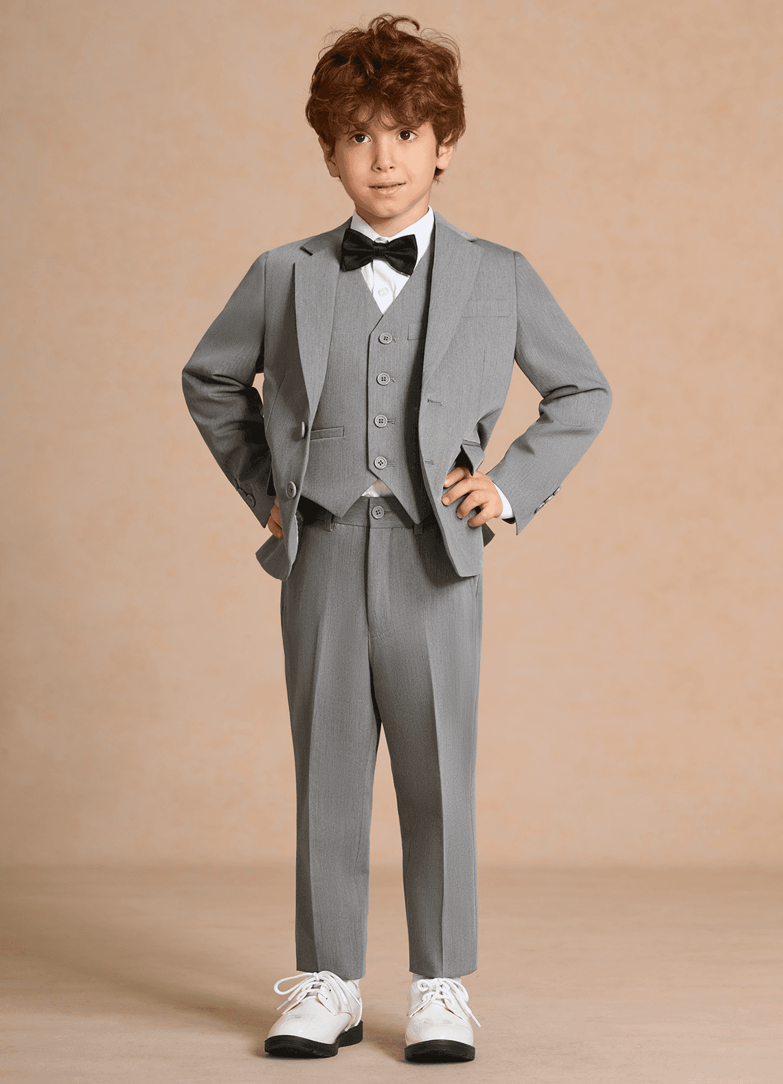 front Oliver Grey Boys 5-Piece Suit With Bow Tie