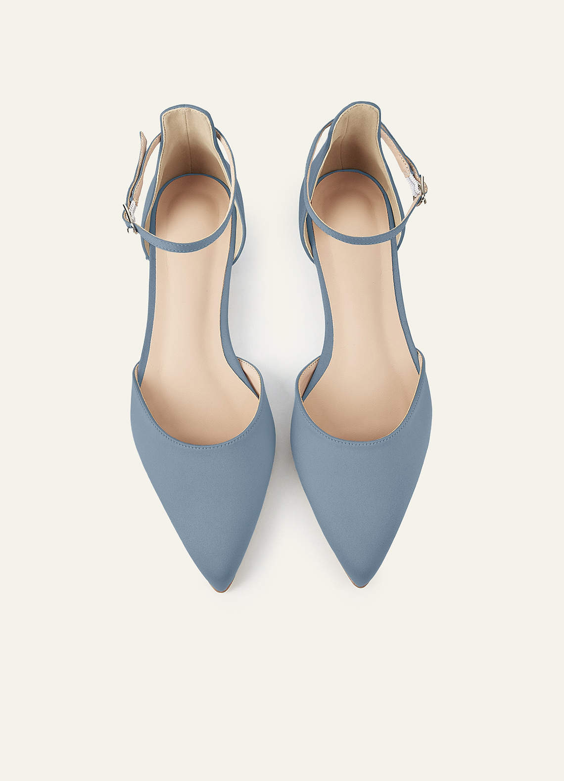 front Matchande färg Matt Satin Spetsig Tå Ankelrem Block Platta Pumps